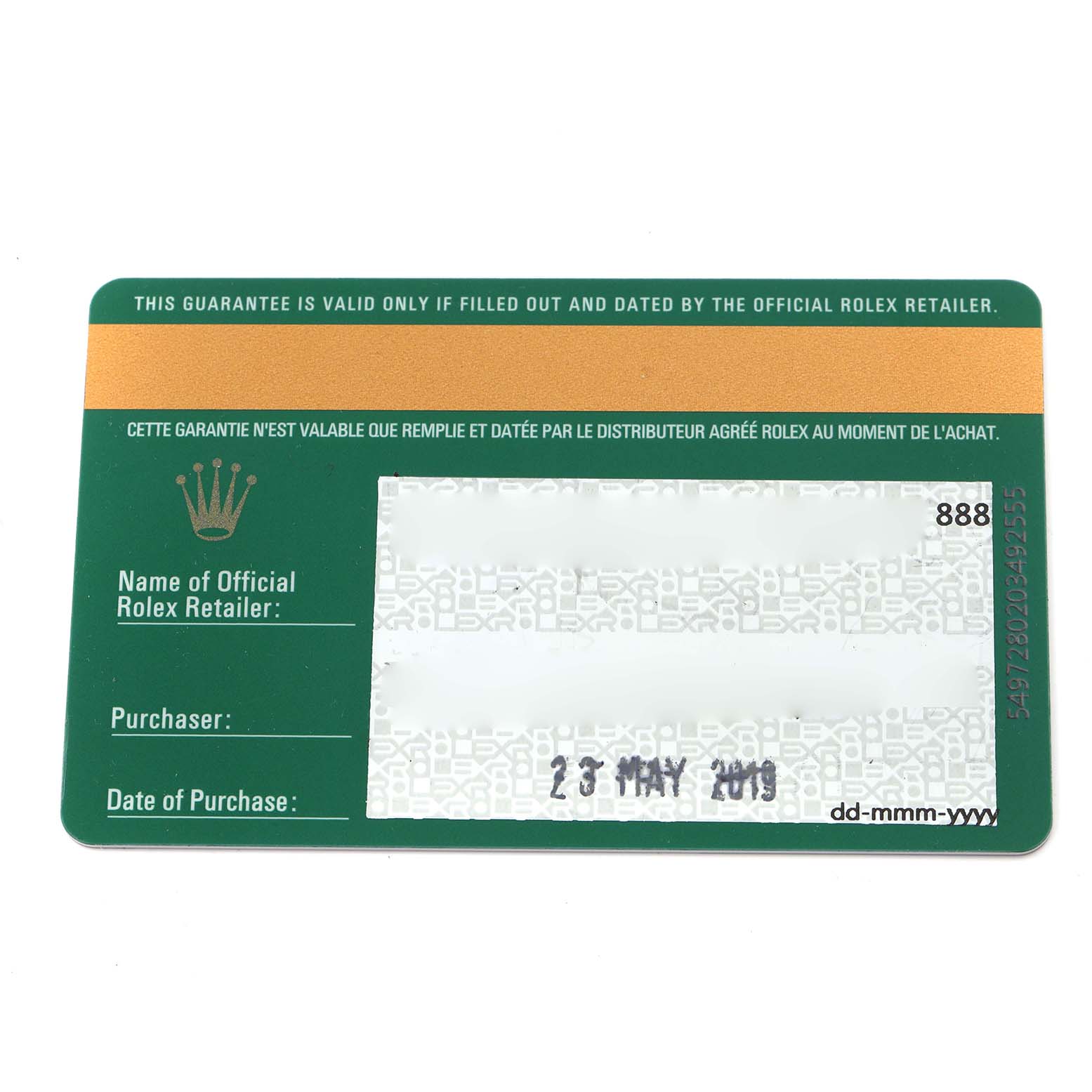 This image shows a warranty card for a Rolex Datejust 126283 Men's Steel and Gold (two tone) Champagne Dial 126283 Men's Steel and Gold (two tone) Champagne Dial watch, displaying retailer, purchaser, and purchase date details.