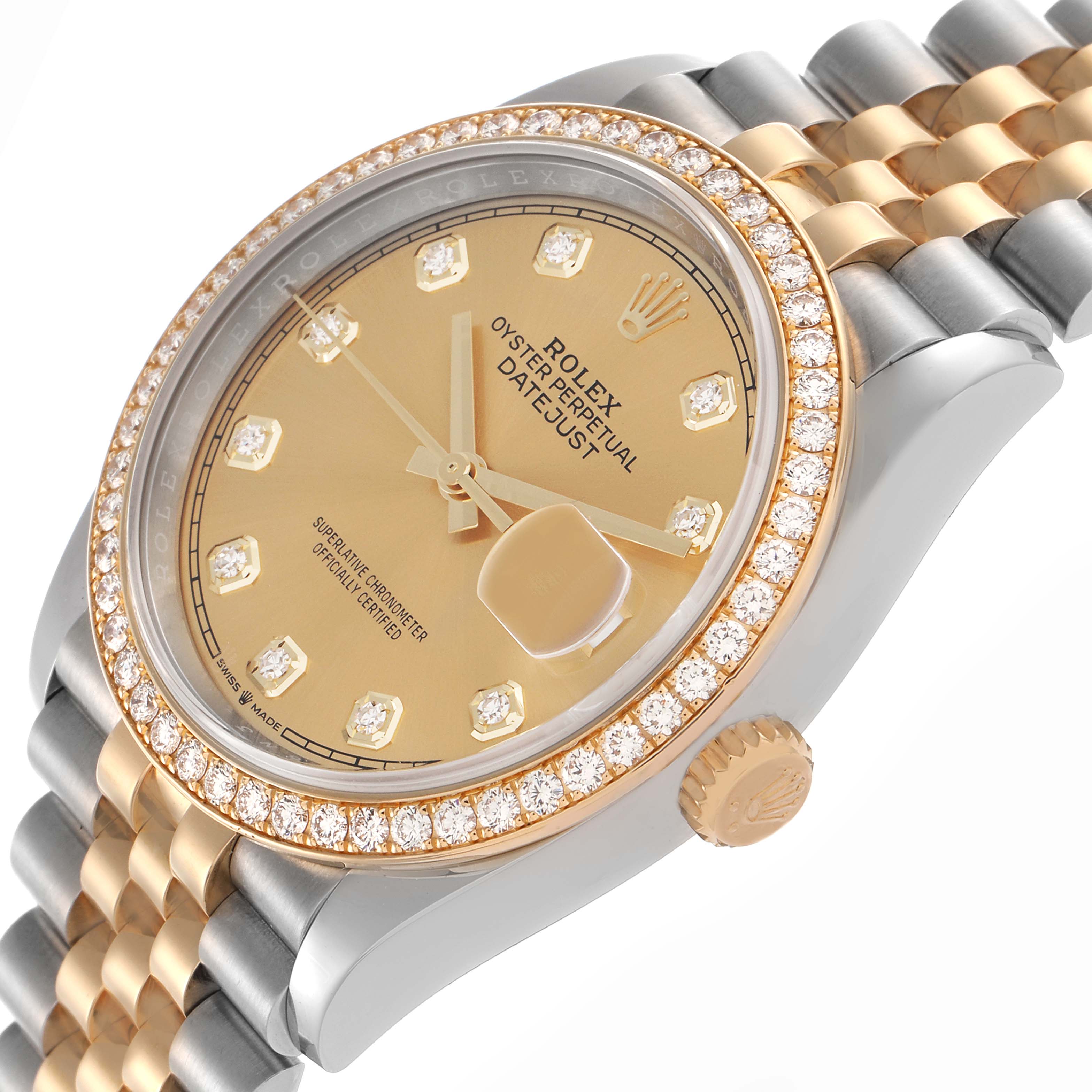 The Rolex Datejust 126283 Men's Steel and Gold (two tone) Champagne Dial 126283 Men's Steel and Gold (two tone) Champagne Dial watch is shown at a slightly tilted angle, highlighting the dial, bezel, and bracelet.