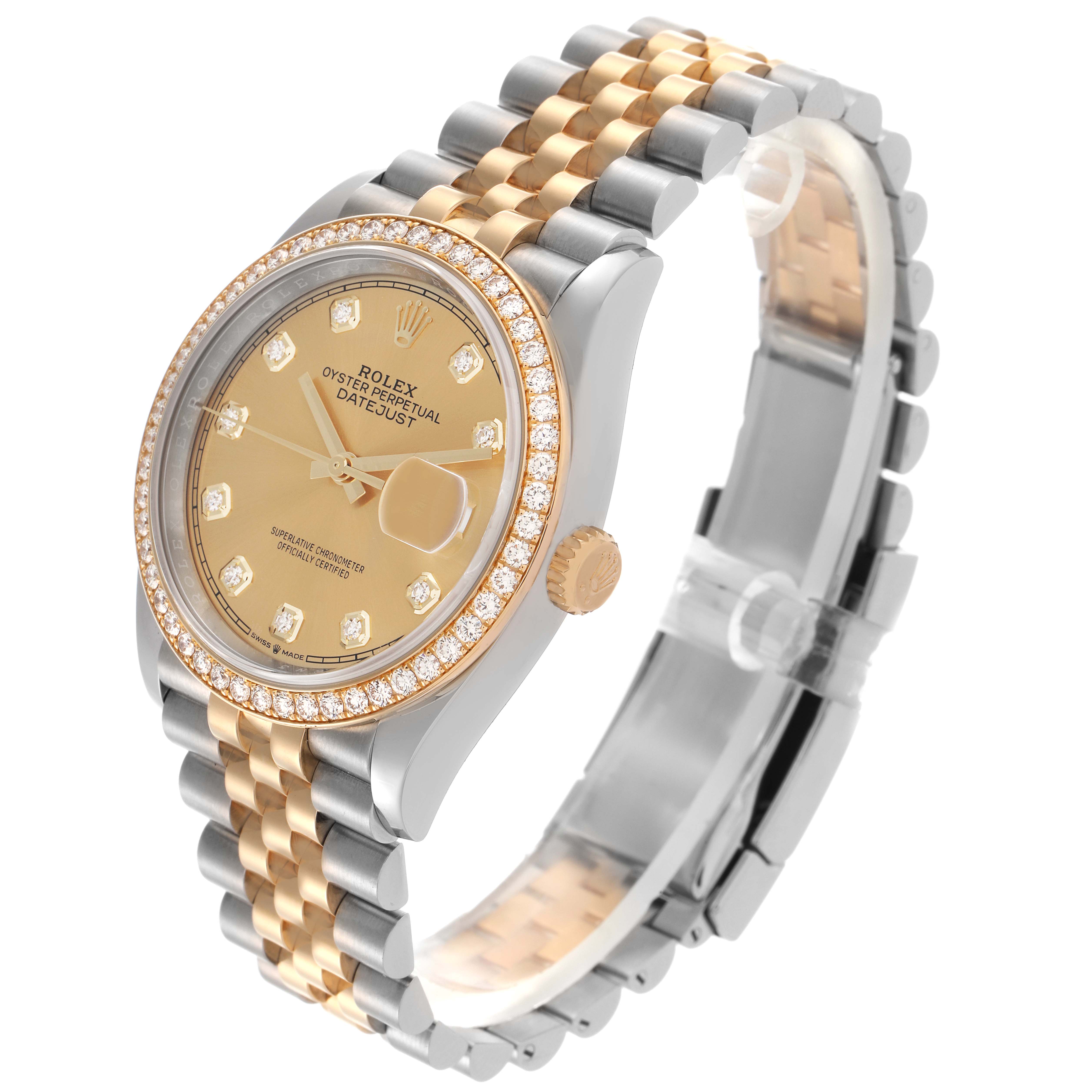 The Rolex Datejust 126283 Men's Steel and Gold (two tone) Champagne Dial 126283 Men's Steel and Gold (two tone) Champagne Dial watch is shown at a slight angle, highlighting its diamond bezel, champagne dial, and two-tone bracelet.