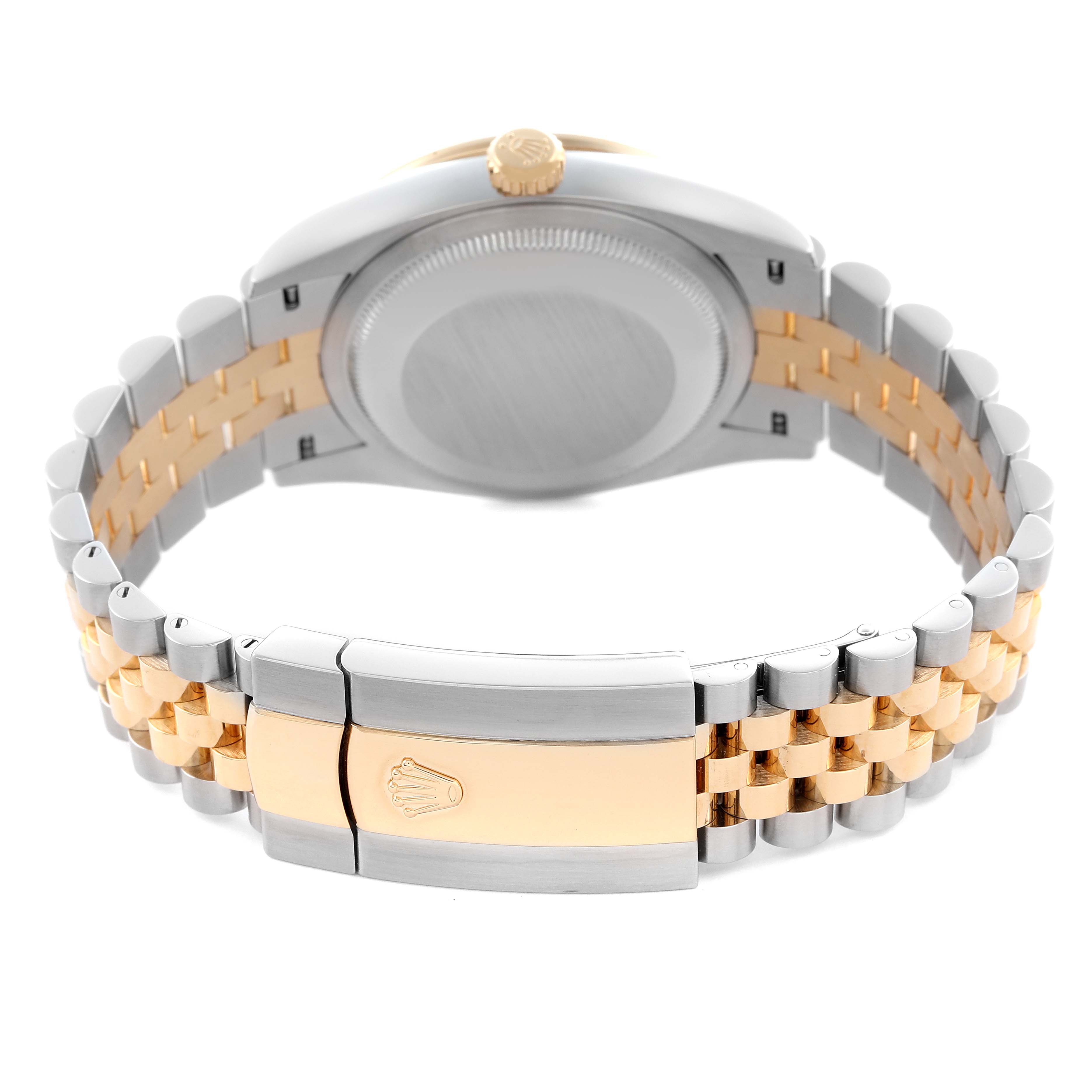 The image shows the back and clasp of a Rolex Datejust 126283 Men's Steel and Gold (two tone) Champagne Dial 126283 Men's Steel and Gold (two tone) Champagne Dial, highlighting the two-tone metal bracelet and crown motif on the clasp.