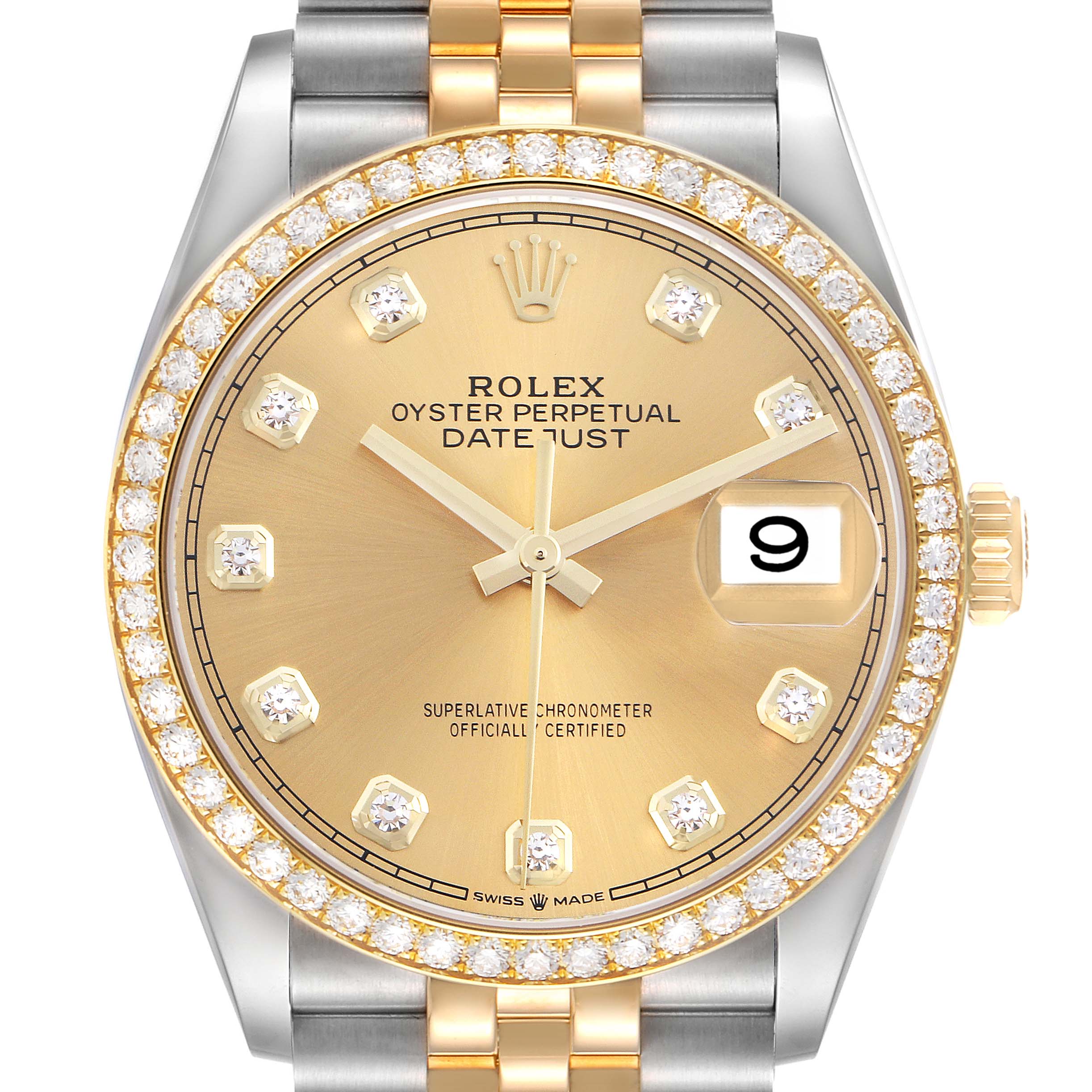 The Rolex Datejust 126283 Men's Steel and Gold (two tone) Champagne Dial 126283 Men's Steel and Gold (two tone) Champagne Dial watch is shown from the front, displaying its champagne dial, diamond hour markers, and two-tone bracelet.