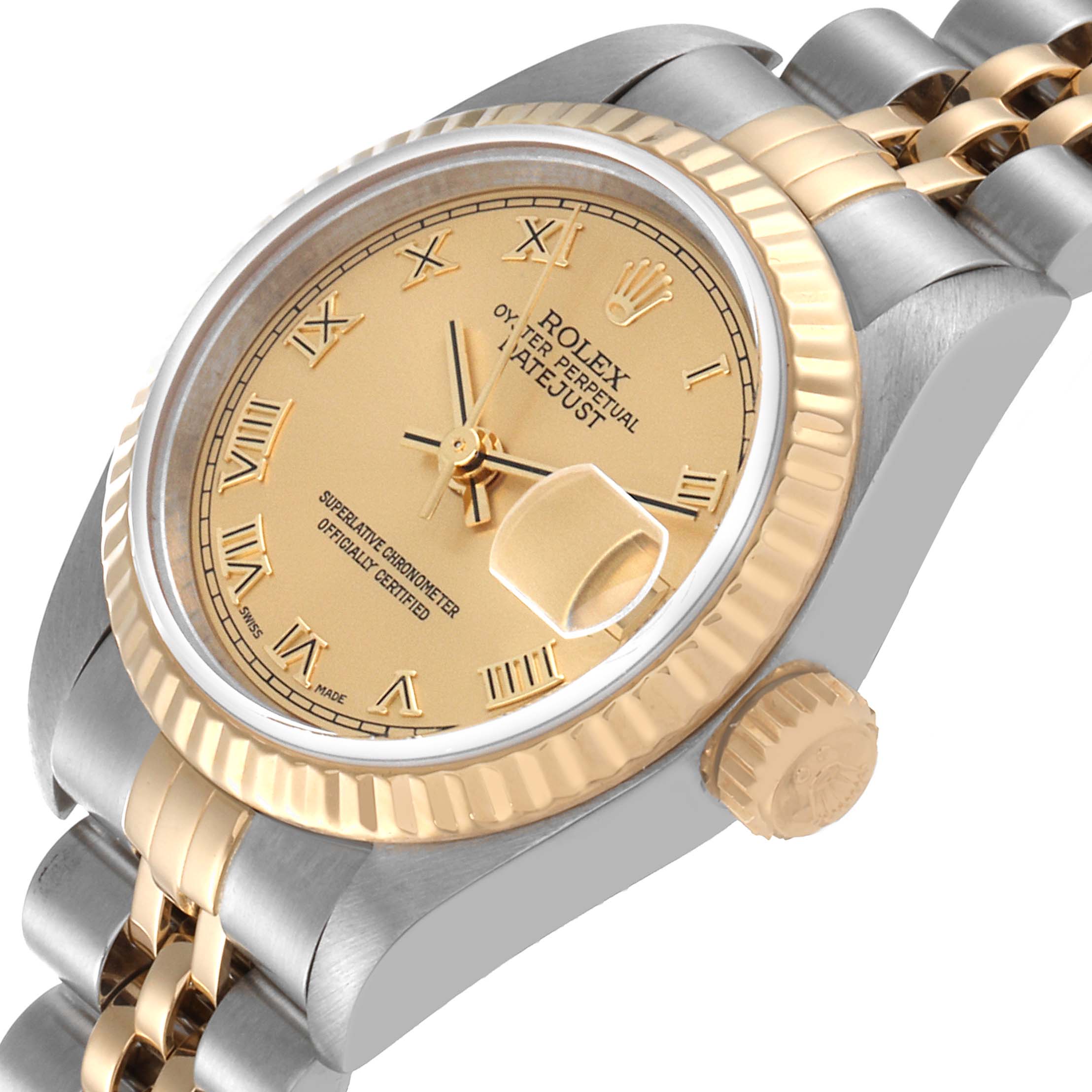 This image shows a side angle of a Rolex Datejust 79173 Women's Steel and Gold (two tone) Champagne Dial 79173 Women's Steel and Gold (two tone) Champagne Dial watch, highlighting its bezel, crown, and part of the jubilee band.