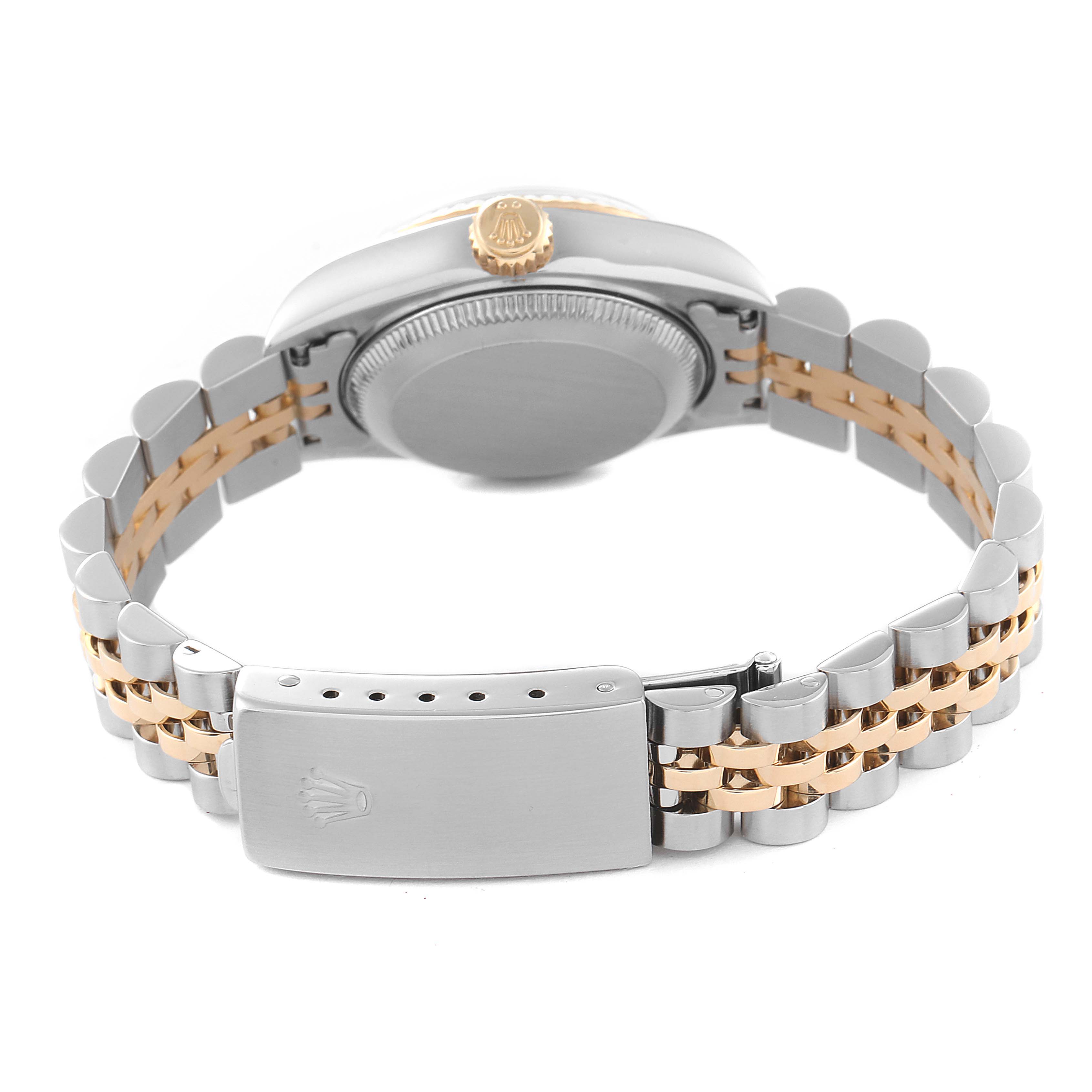 The image shows the back view of a Rolex Datejust 79173 Women's Steel and Gold (two tone) Champagne Dial 79173 Women's Steel and Gold (two tone) Champagne Dial watch, highlighting its two-tone bracelet and clasp.