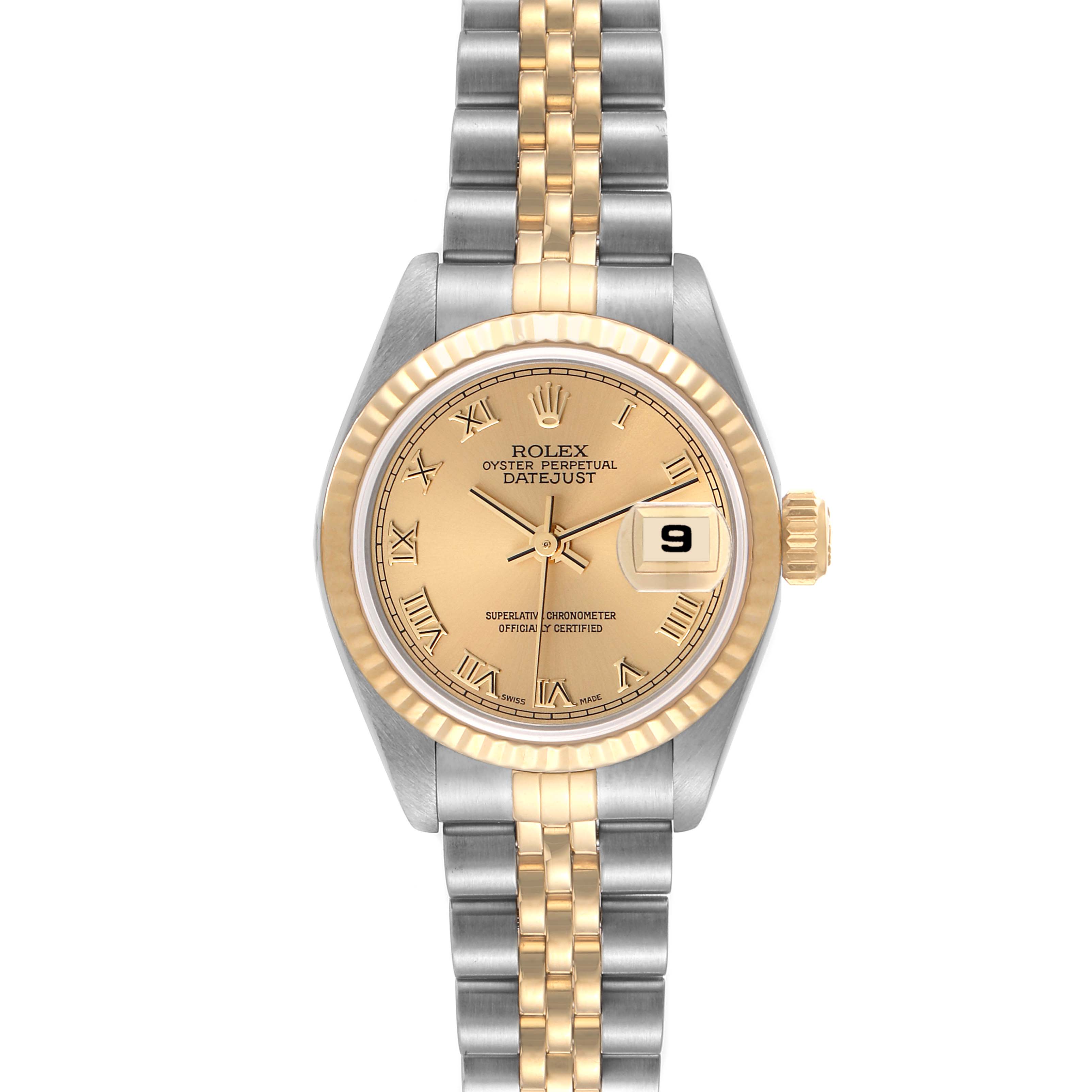 This image shows a front view of the Rolex Datejust 79173 Women's Steel and Gold (two tone) Champagne Dial 79173 Women's Steel and Gold (two tone) Champagne Dial watch, highlighting its face, bezel, and two-tone bracelet.