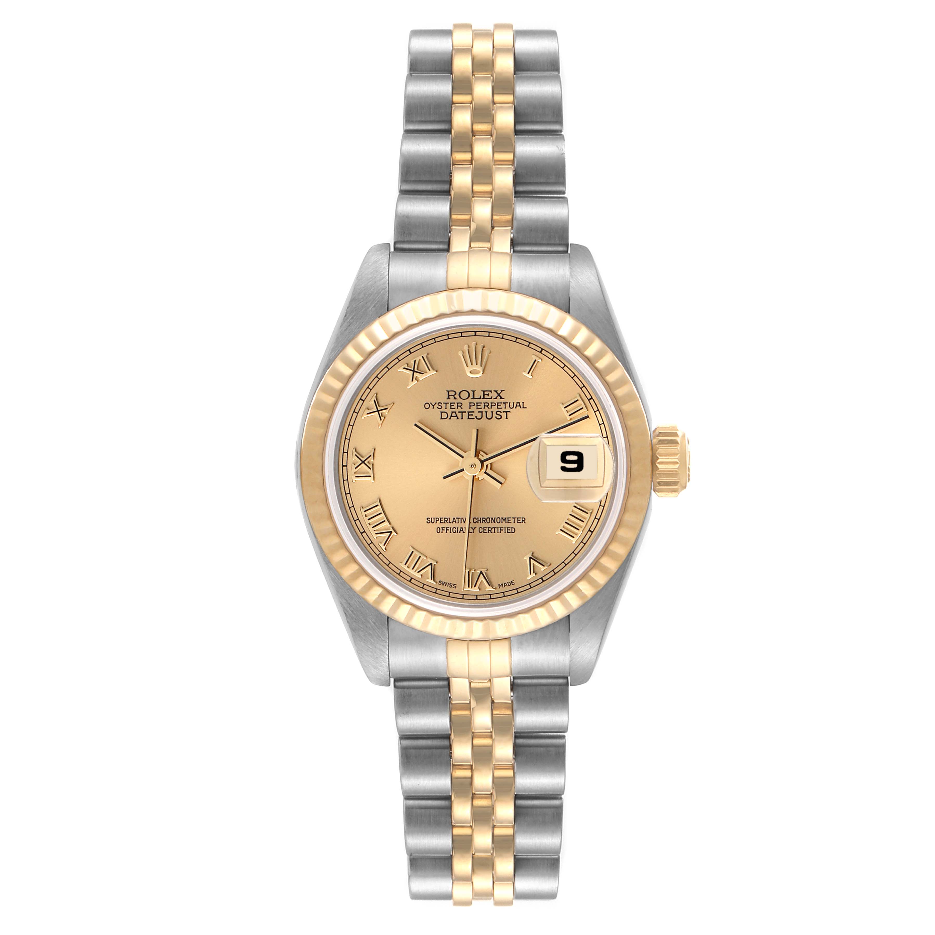 This image shows a frontal view of a Rolex Datejust 79173 Women's Steel and Gold (two tone) Champagne Dial 79173 Women's Steel and Gold (two tone) Champagne Dial watch displaying the dial, bezel, crown, and bracelet.