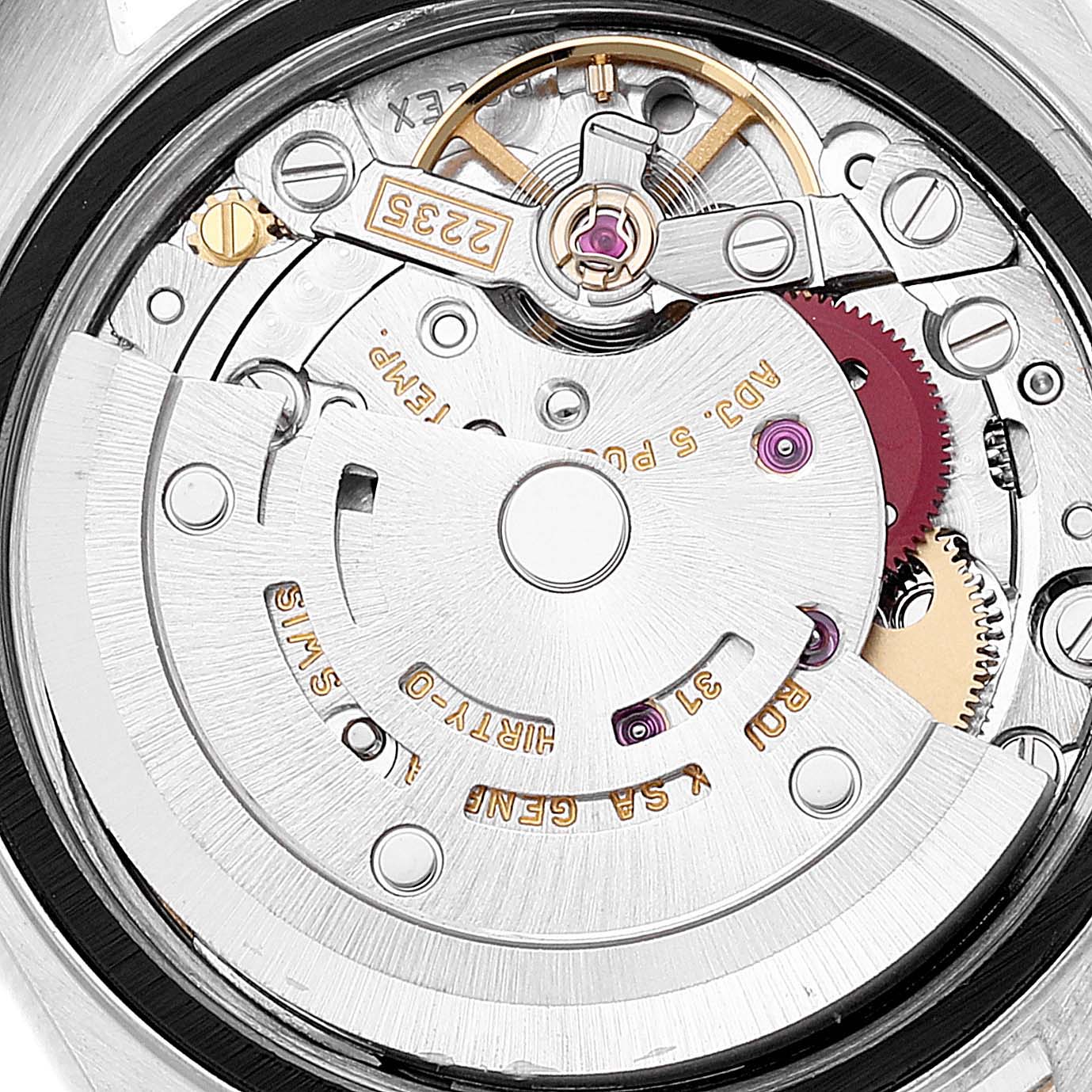 This is a close-up view of the movement inside a Rolex Datejust 79173 Women's Steel and Gold (two tone) Champagne Dial 79173 Women's Steel and Gold (two tone) Champagne Dial watch, showing its internal mechanisms and components.