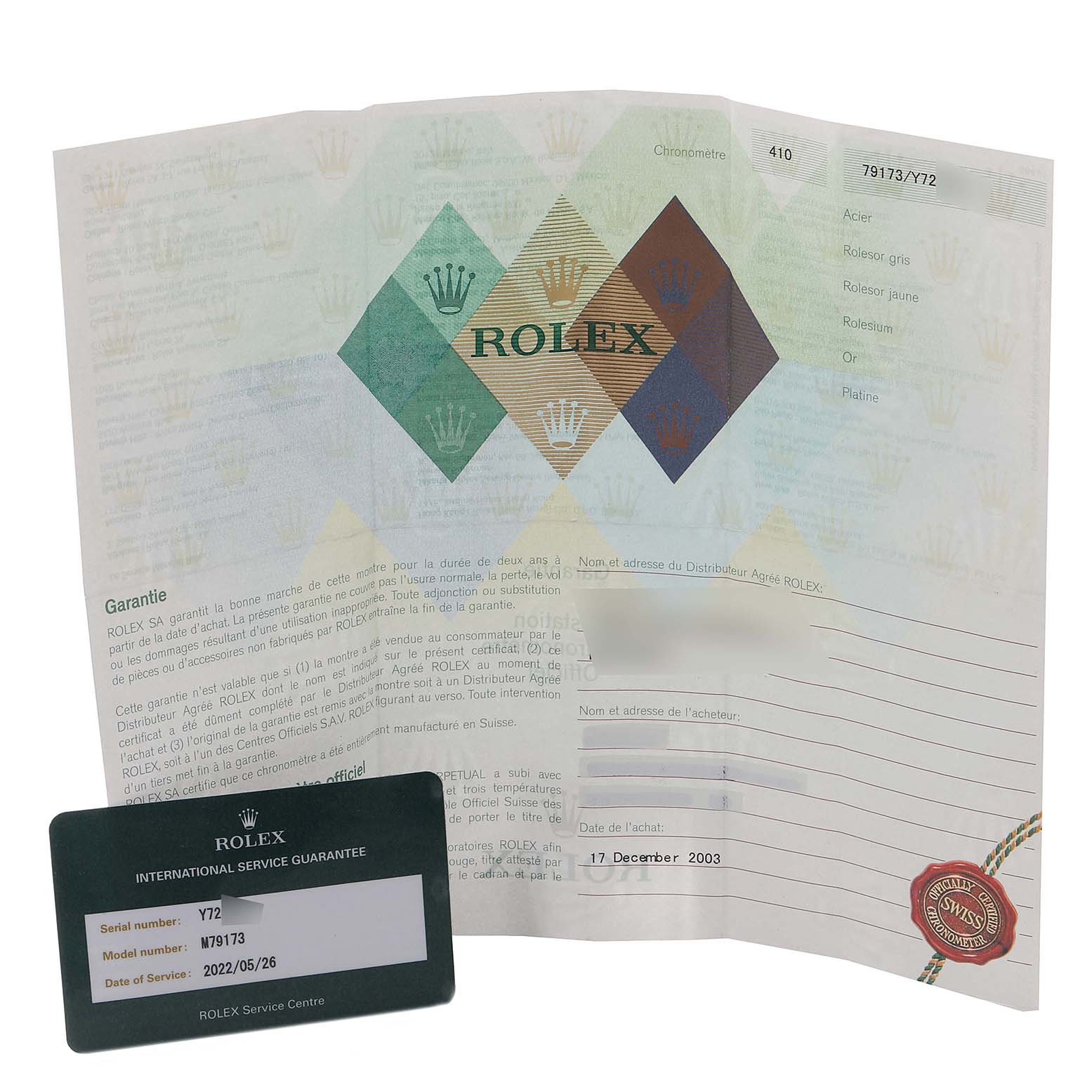 The image shows the warranty card and guarantee document for a Rolex Datejust 79173 Women's Steel and Gold (two tone) Champagne Dial 79173 Women's Steel and Gold (two tone) Champagne Dial watch.