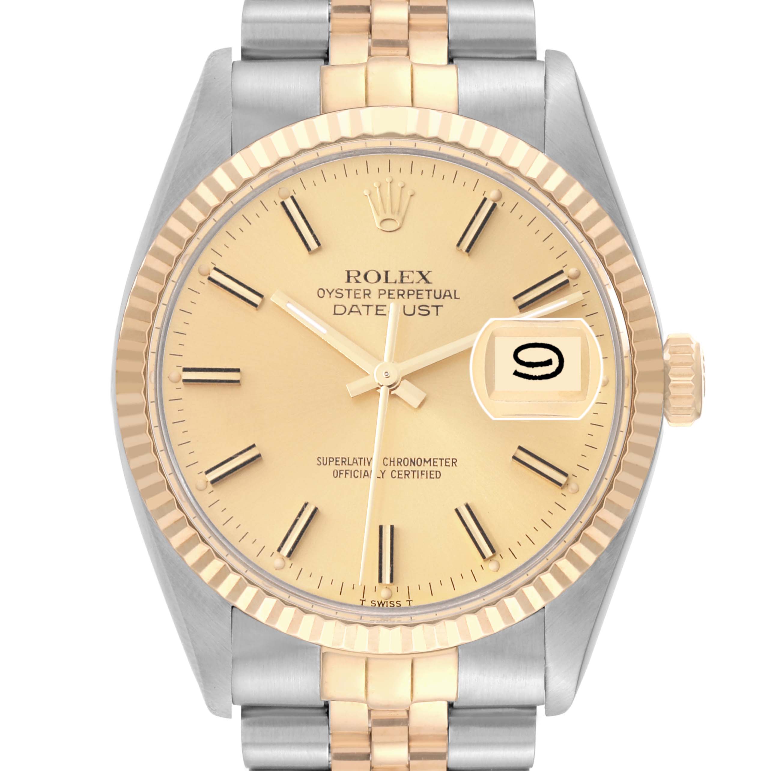 The Rolex Vintage Collection 16013 Men's Steel and Gold (two tone) Champagne Dial 16013 Men's Steel and Gold (two tone) Champagne Dial model watch is shown from the front, featuring its face, bezel, crown, and part of the bracelet.