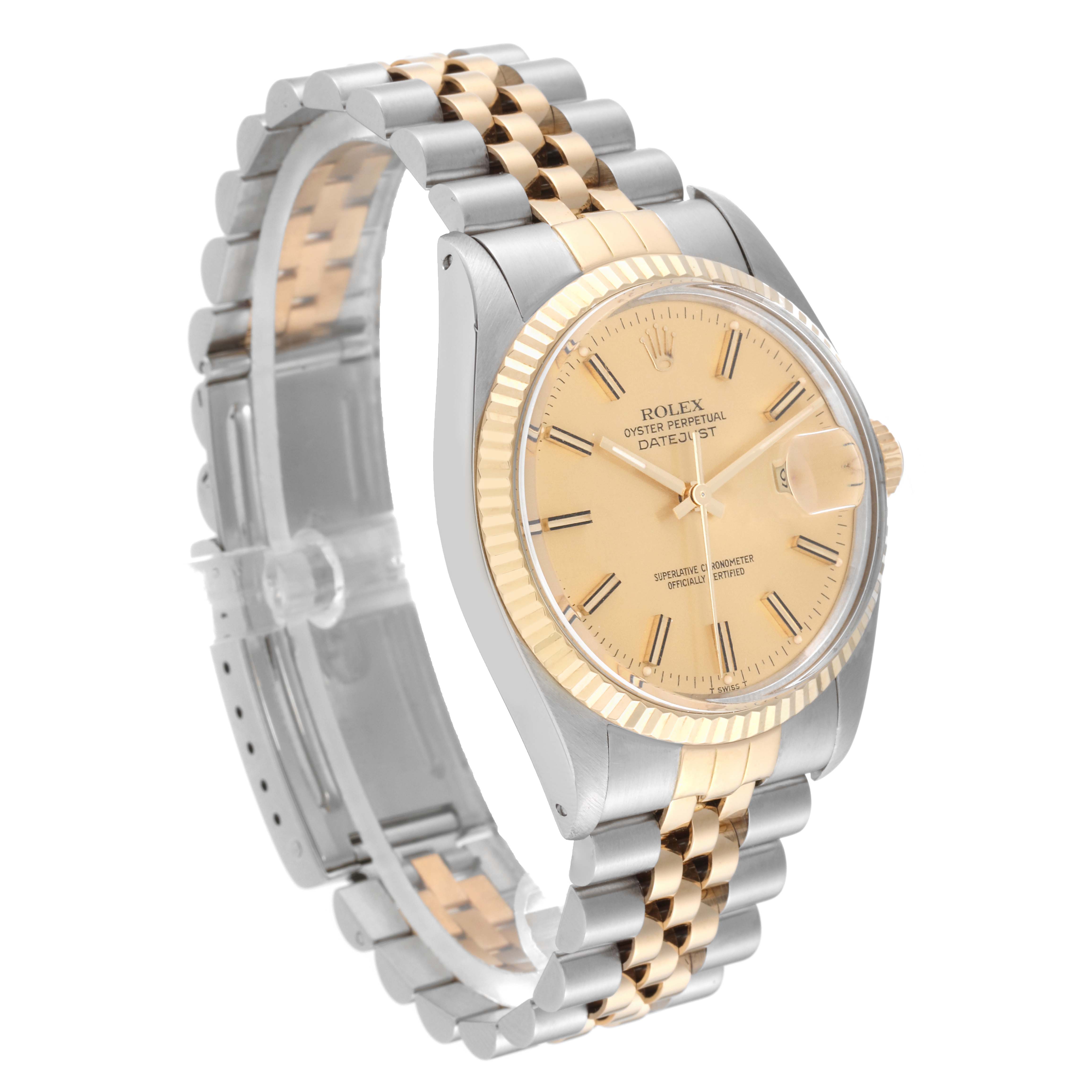 The image shows a Rolex Vintage Collection 16013 Men's Steel and Gold (two tone) Champagne Dial 16013 Men's Steel and Gold (two tone) Champagne Dial watch at a side angle, highlighting its gold and silver bracelet, the face, and the bezel.