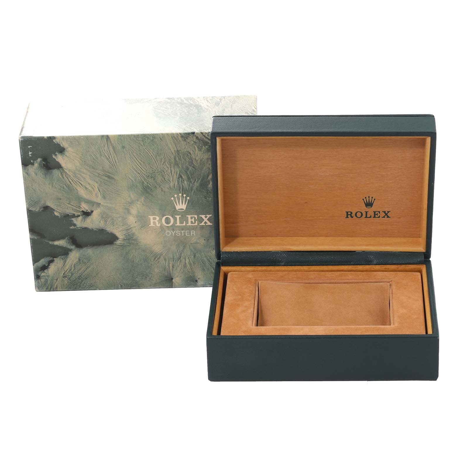 The image shows an open Rolex Oyster presentation box with its outer packaging for the Vintage Collection model.