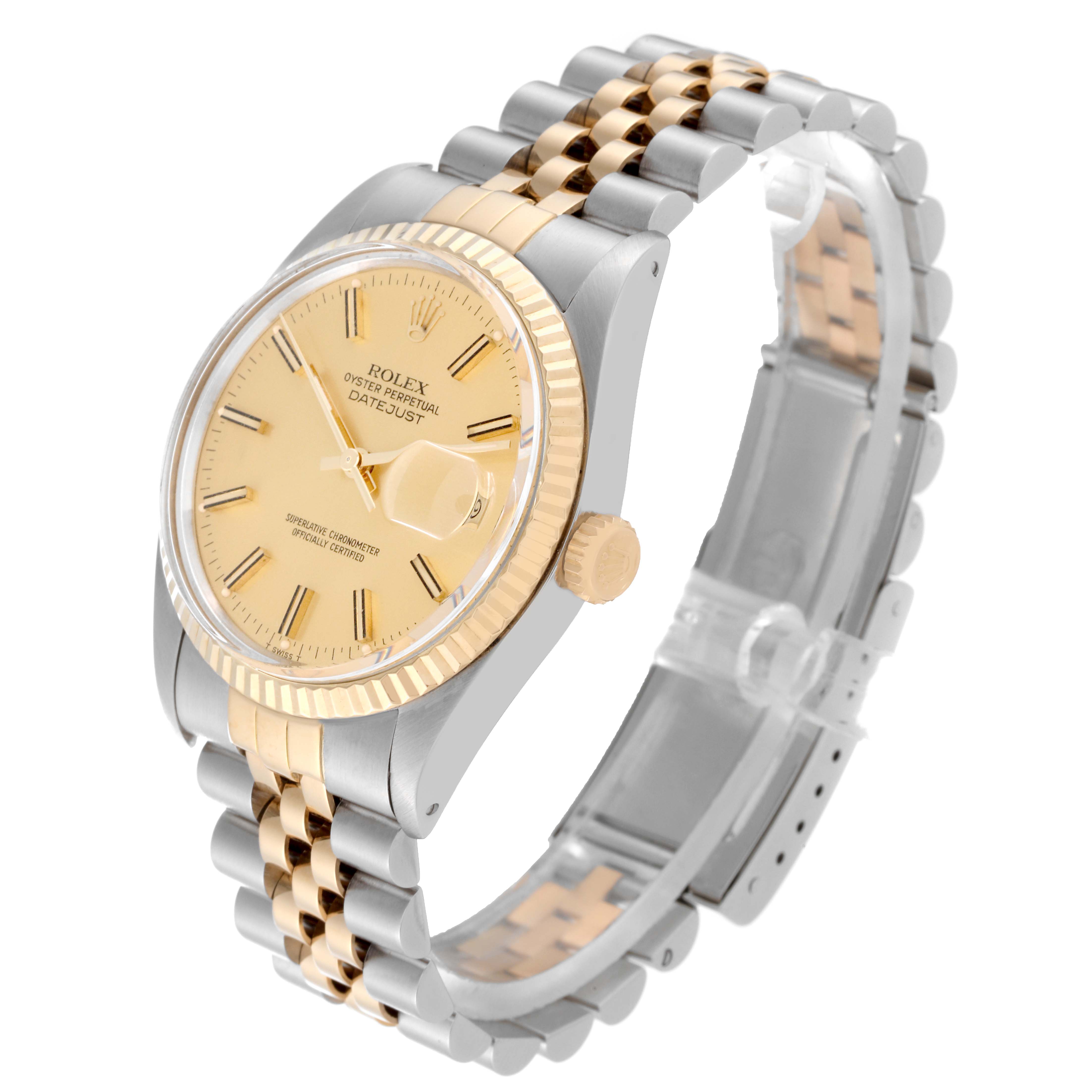 The image shows a side angle of the Rolex Vintage Collection 16013 Men's Steel and Gold (two tone) Champagne Dial 16013 Men's Steel and Gold (two tone) Champagne Dial Datejust watch, highlighting its dial, bezel, crown, and two-tone bracelet.