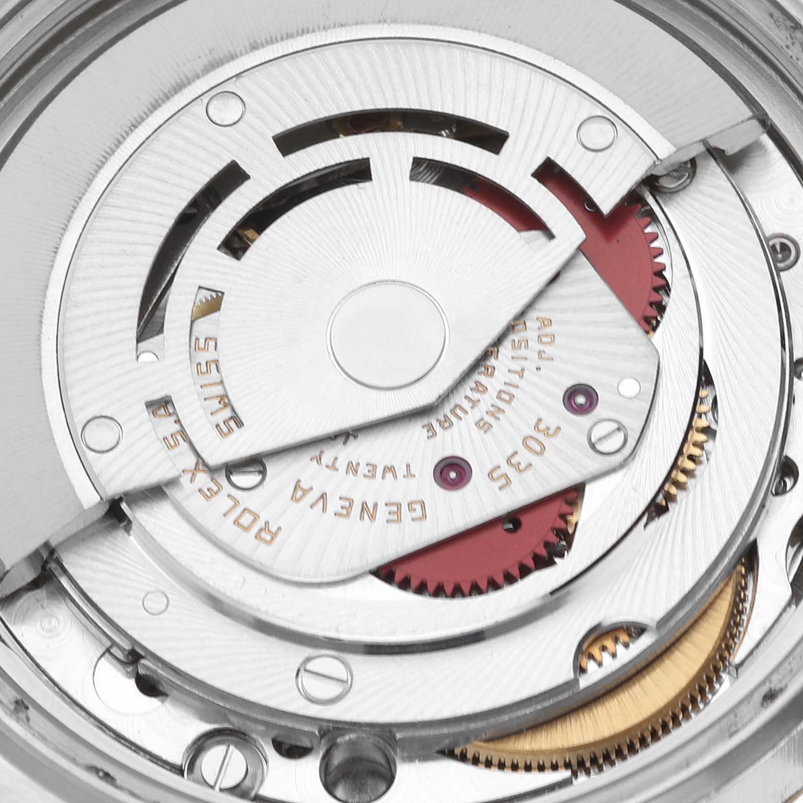 The image shows the intricate internal mechanism of a Rolex Vintage Collection 16013 Men's Steel and Gold (two tone) Champagne Dial 16013 Men's Steel and Gold (two tone) Champagne Dial watch, focusing on the movement and gears.