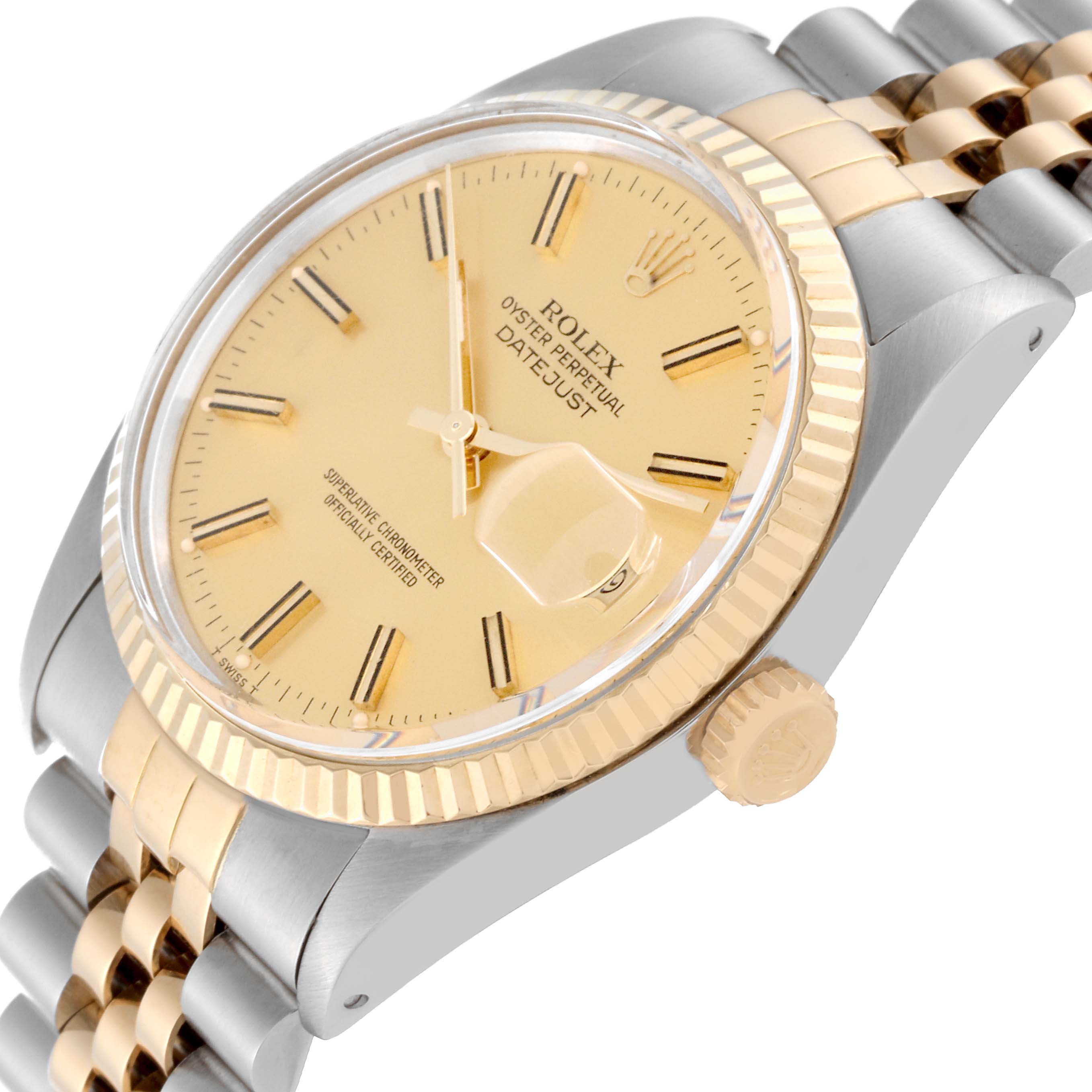 The Rolex Vintage Collection 16013 Men's Steel and Gold (two tone) Champagne Dial 16013 Men's Steel and Gold (two tone) Champagne Dial model is shown at a slight angle, highlighting the dial, crown, and part of the bracelet.