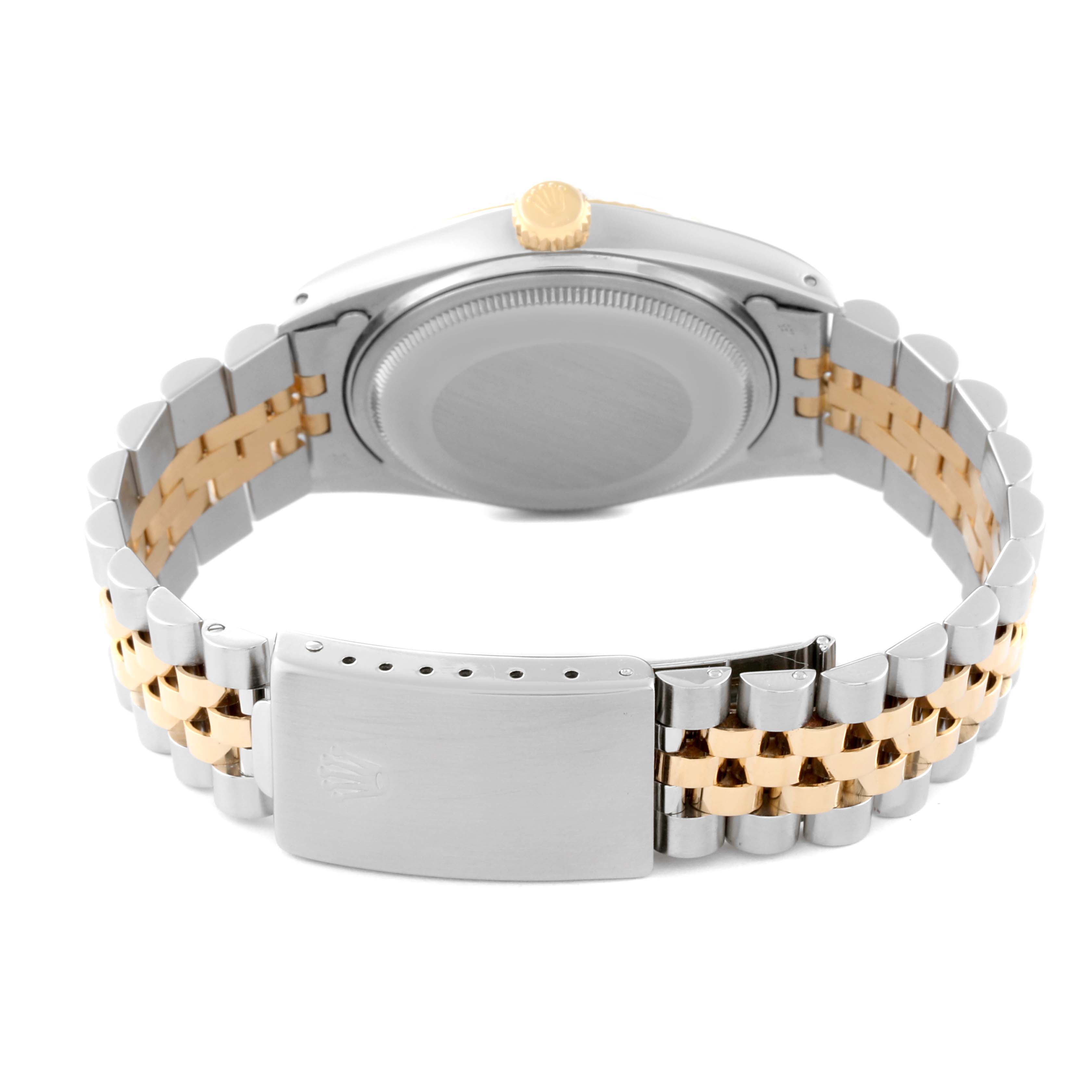 The image shows the back view of a Rolex Vintage Collection 16013 Men's Steel and Gold (two tone) Champagne Dial 16013 Men's Steel and Gold (two tone) Champagne Dial watch, highlighting the clasp, bracelet, and case back.