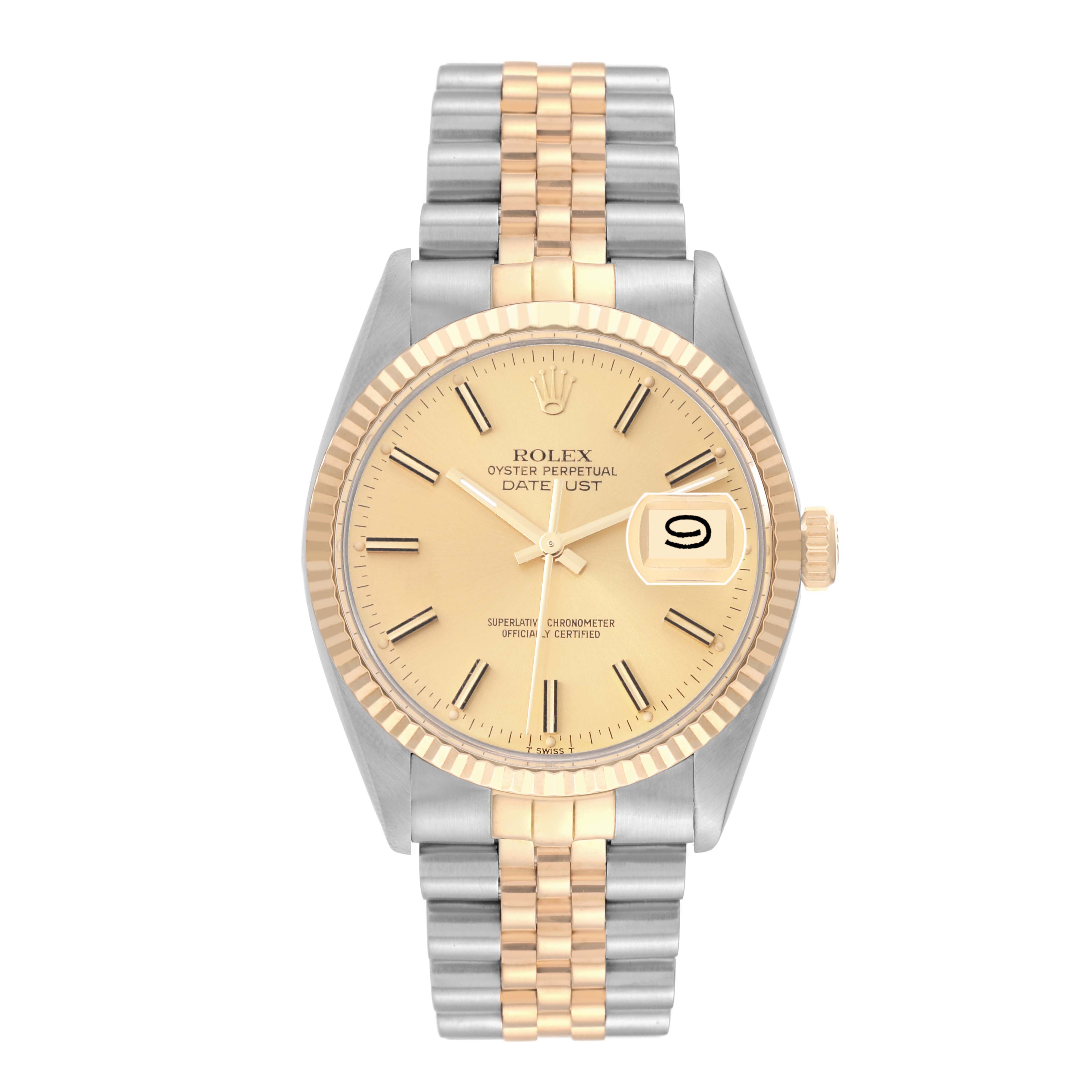 The image shows a front view of the Rolex Vintage Collection 16013 Men's Steel and Gold (two tone) Champagne Dial 16013 Men's Steel and Gold (two tone) Champagne Dial model, highlighting the face, bezel, and two-tone bracelet.