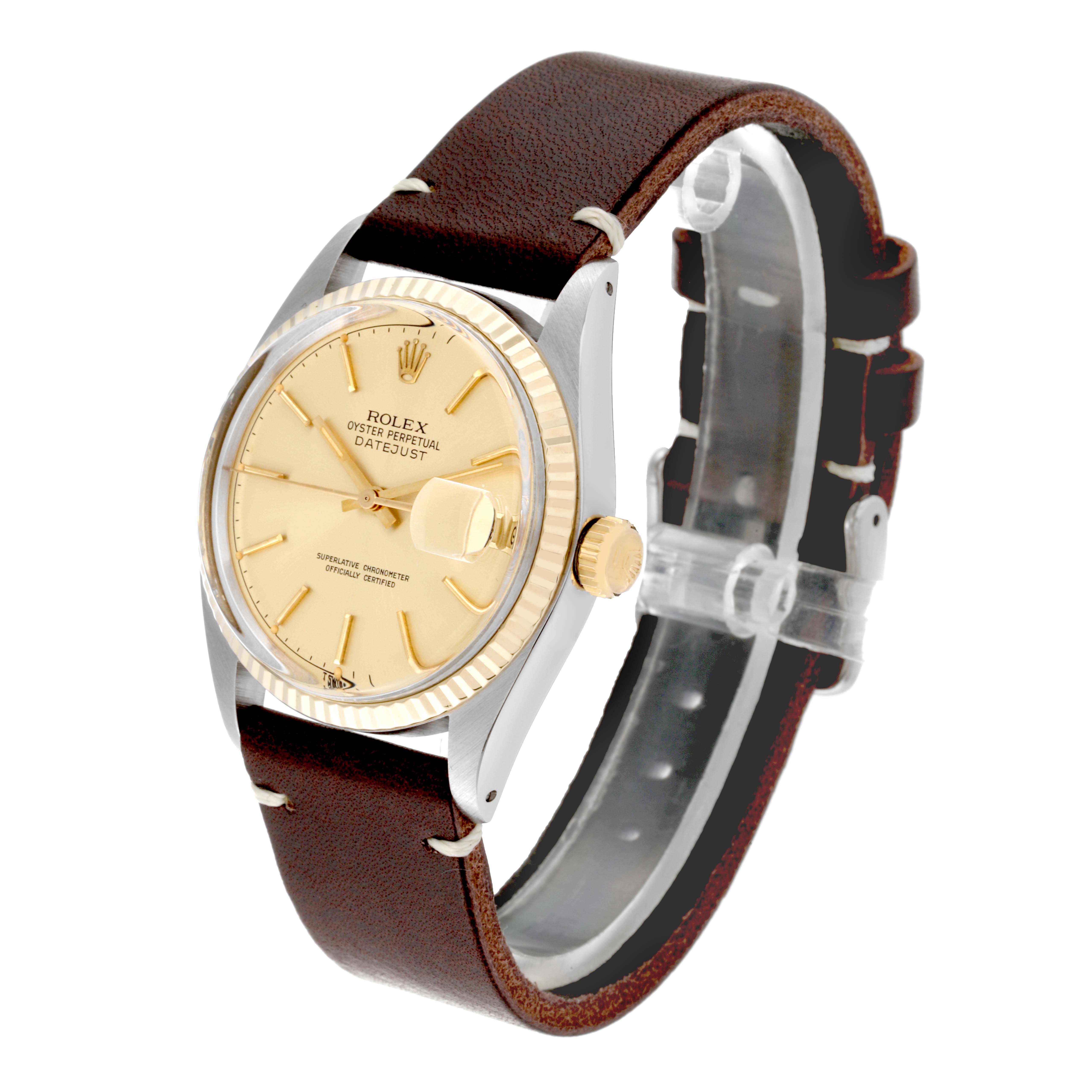 The Rolex Vintage Collection 16013 Men's Steel and Gold (two tone) Champagne Dial 16013 Men's Steel and Gold (two tone) Champagne Dial watch is shown at a three-quarter angle, highlighting its dial, bezel, crown, and leather strap.