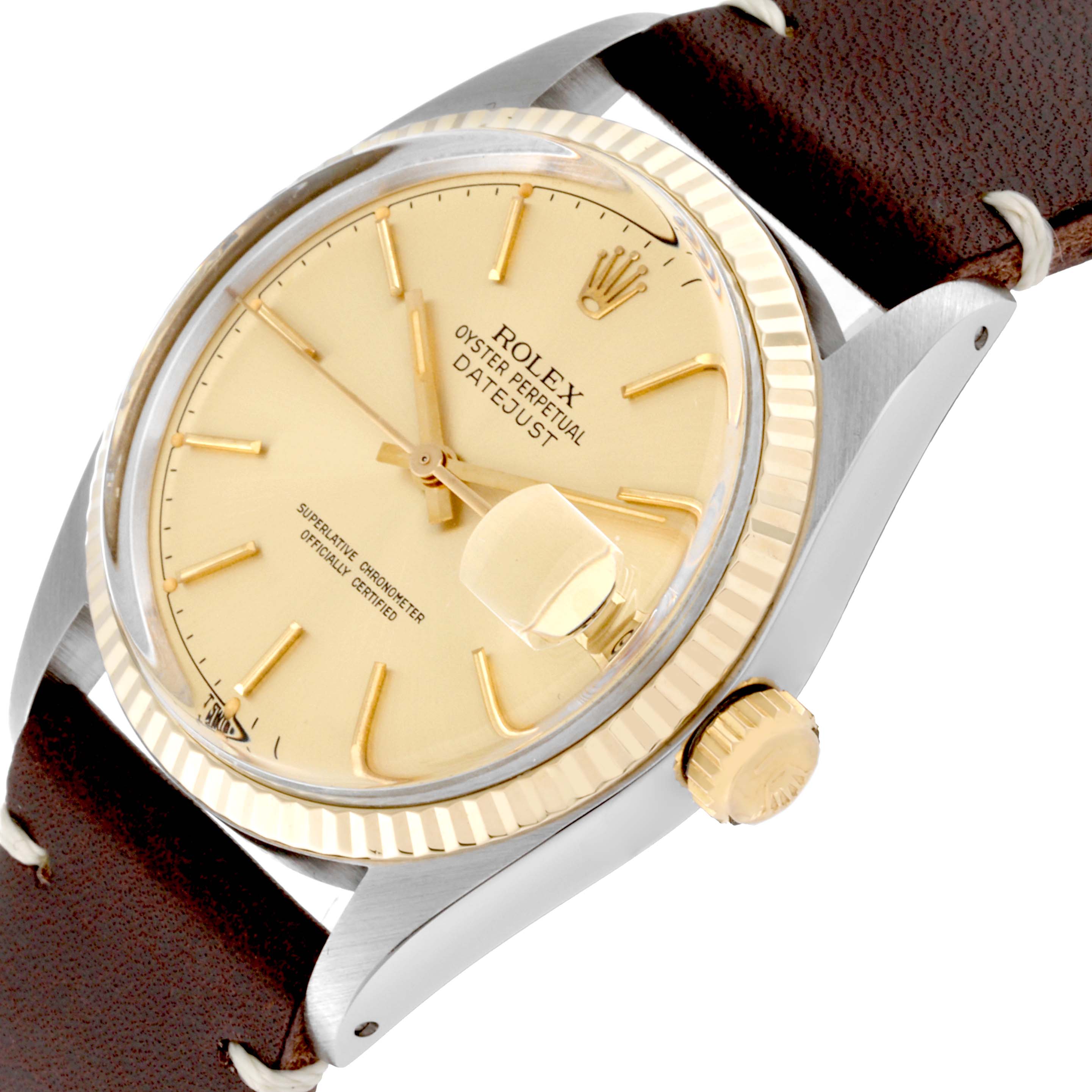 The image shows a close-up side angle of the face, bezel, crown, and leather strap of a Vintage Collection Rolex Oyster Perpetual Datejust watch.