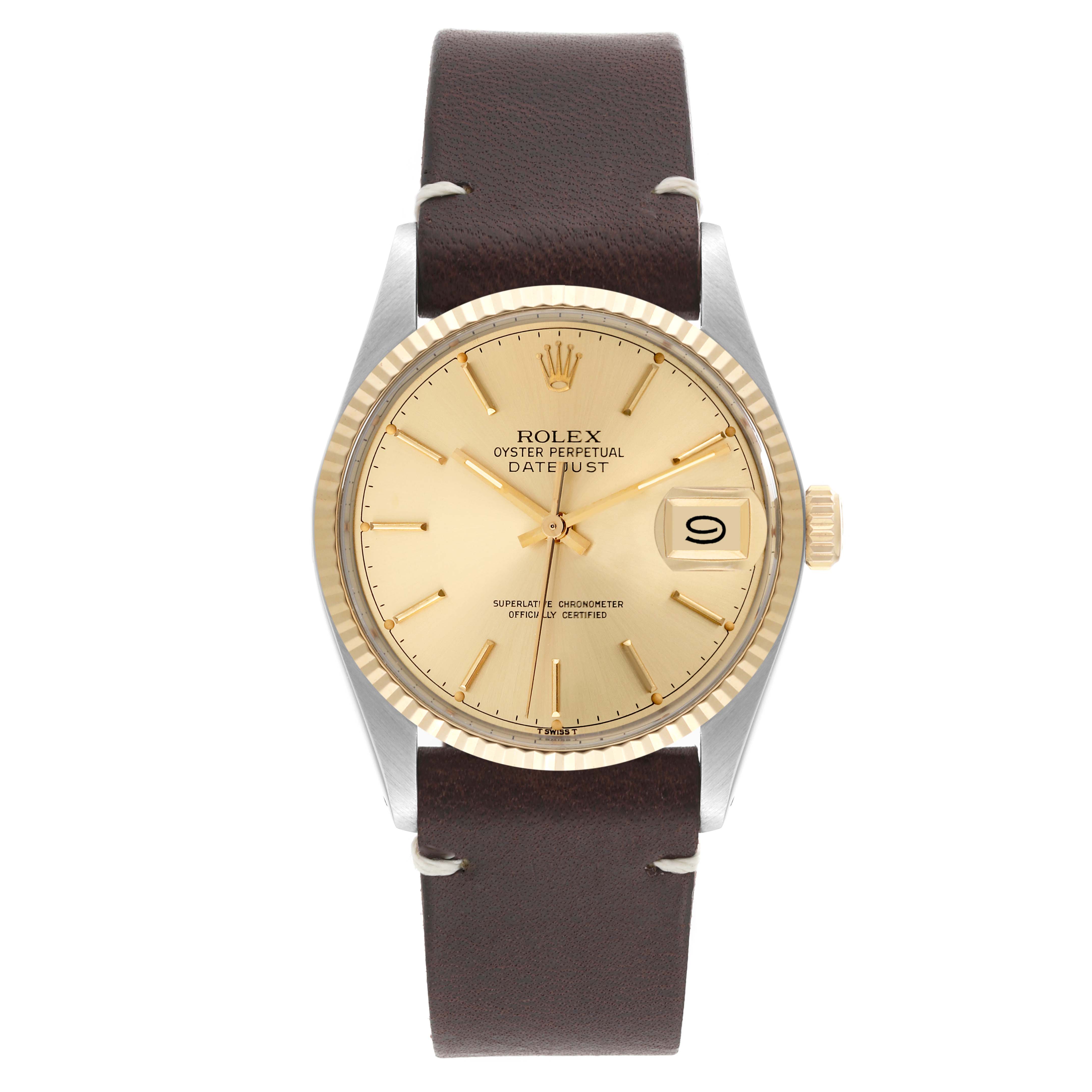 The image shows a front view of the Rolex Vintage Collection 16013 Men's Steel and Gold (two tone) Champagne Dial 16013 Men's Steel and Gold (two tone) Champagne Dial model, displaying the dial, date window, and leather strap.