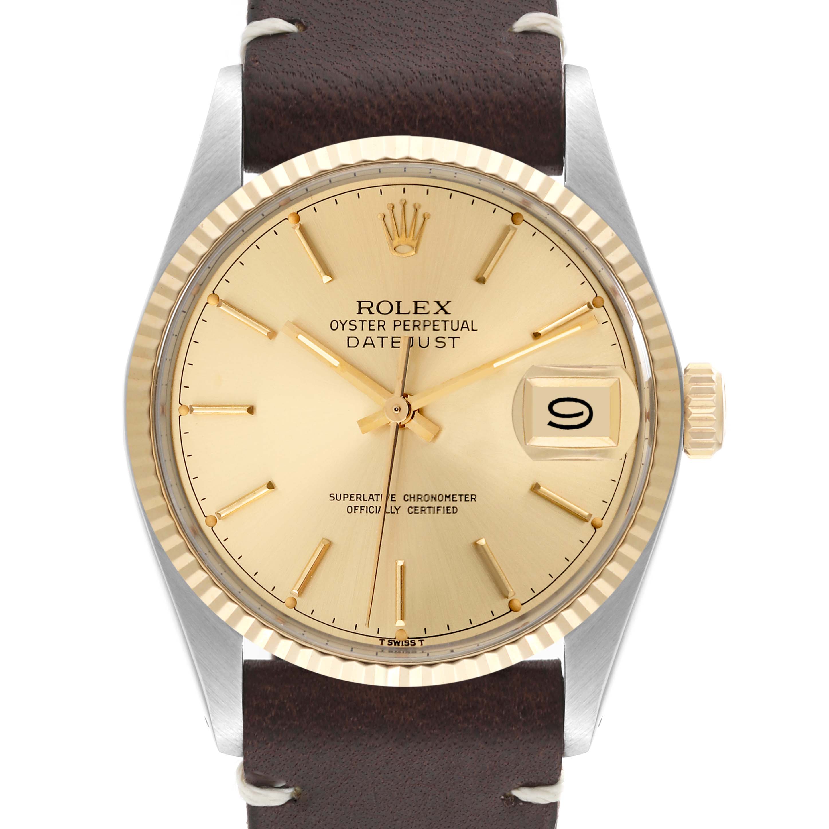This is a front view of the Rolex Vintage Collection 16013 Men's Steel and Gold (two tone) Champagne Dial 16013 Men's Steel and Gold (two tone) Champagne Dial model, showcasing the dial, bezel, crown, and brown leather strap.