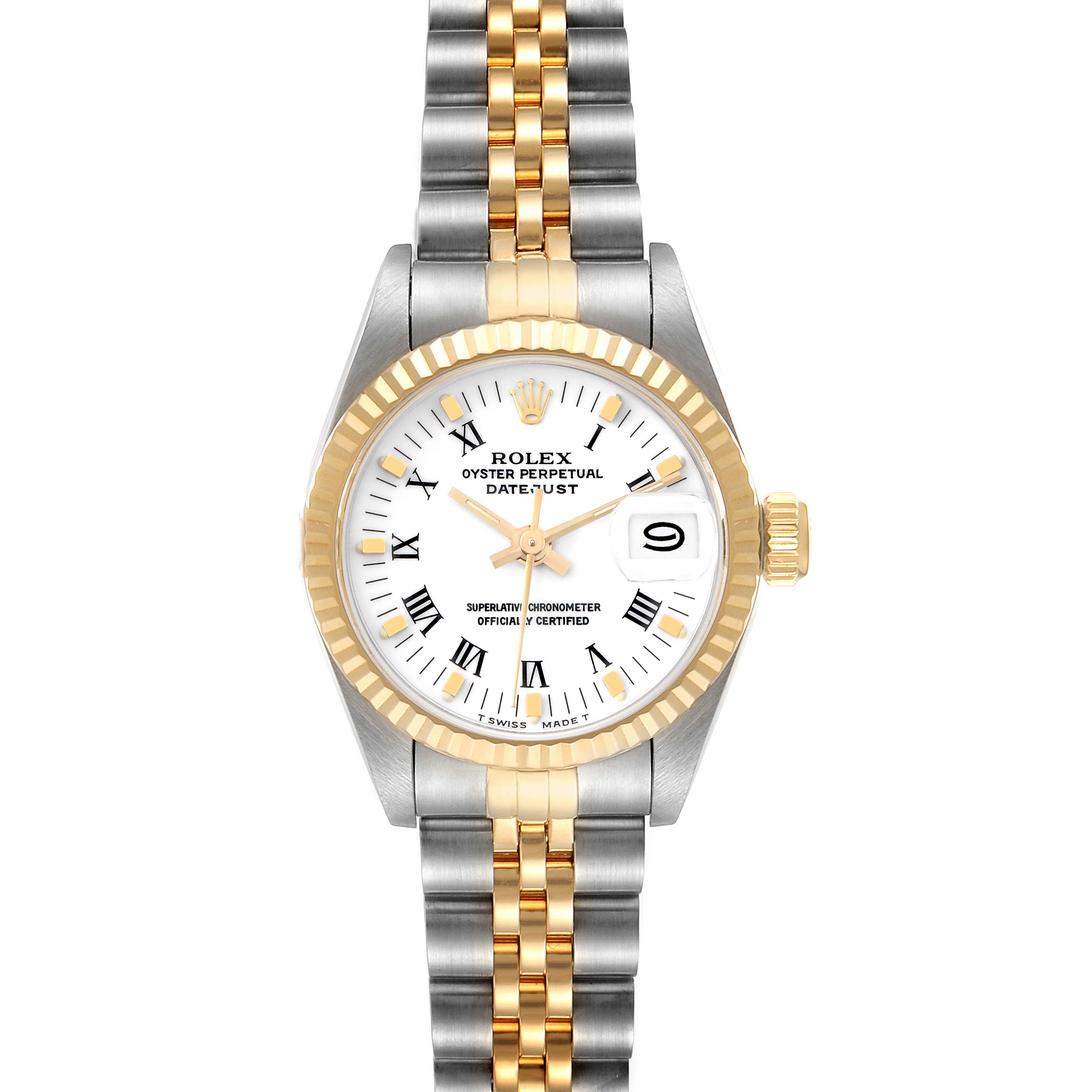 This image shows a front view of a Rolex Datejust 69173 Women's Steel and Gold (two tone) White Dial 69173 Women's Steel and Gold (two tone) White Dial watch, highlighting its dial, bezel, and two-tone bracelet.