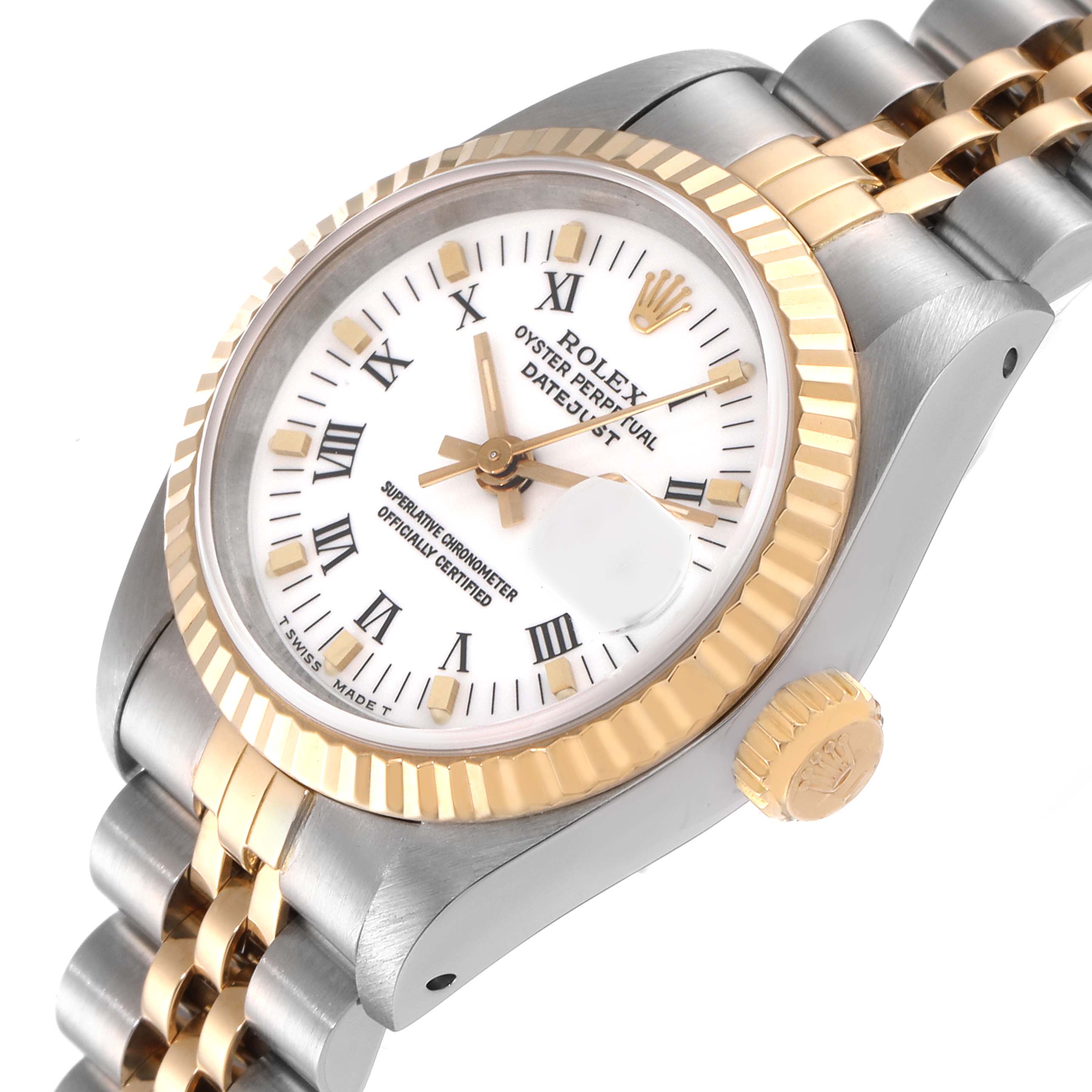 This image shows the face, bezel, crown, and part of the bracelet of a Rolex Datejust 69173 Women's Steel and Gold (two tone) White Dial 69173 Women's Steel and Gold (two tone) White Dial watch from an angled perspective.