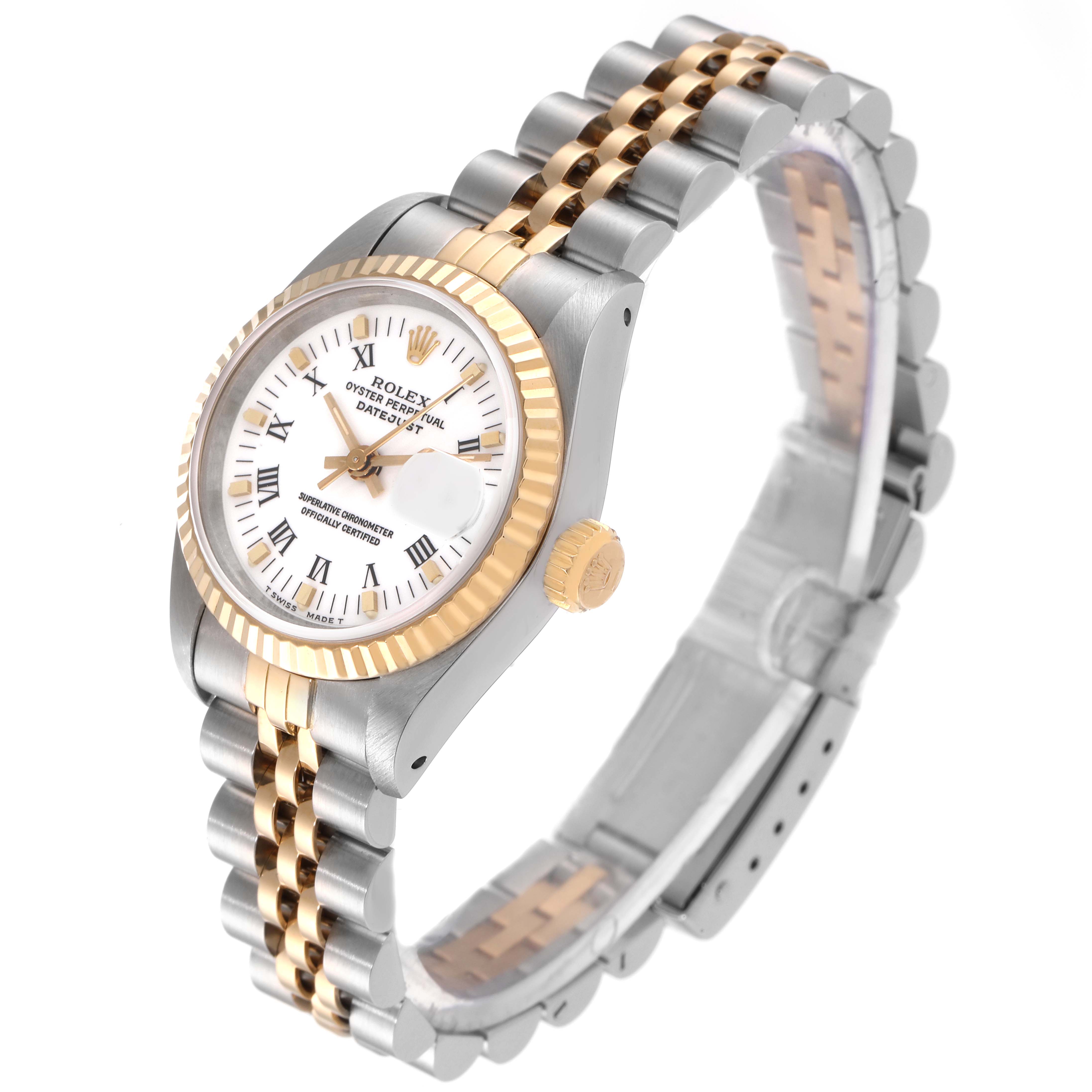 The Rolex Datejust 69173 Women's Steel and Gold (two tone) White Dial 69173 Women's Steel and Gold (two tone) White Dial watch is shown at an angled top-down view highlighting the face, bezel, crown, and bracelet.