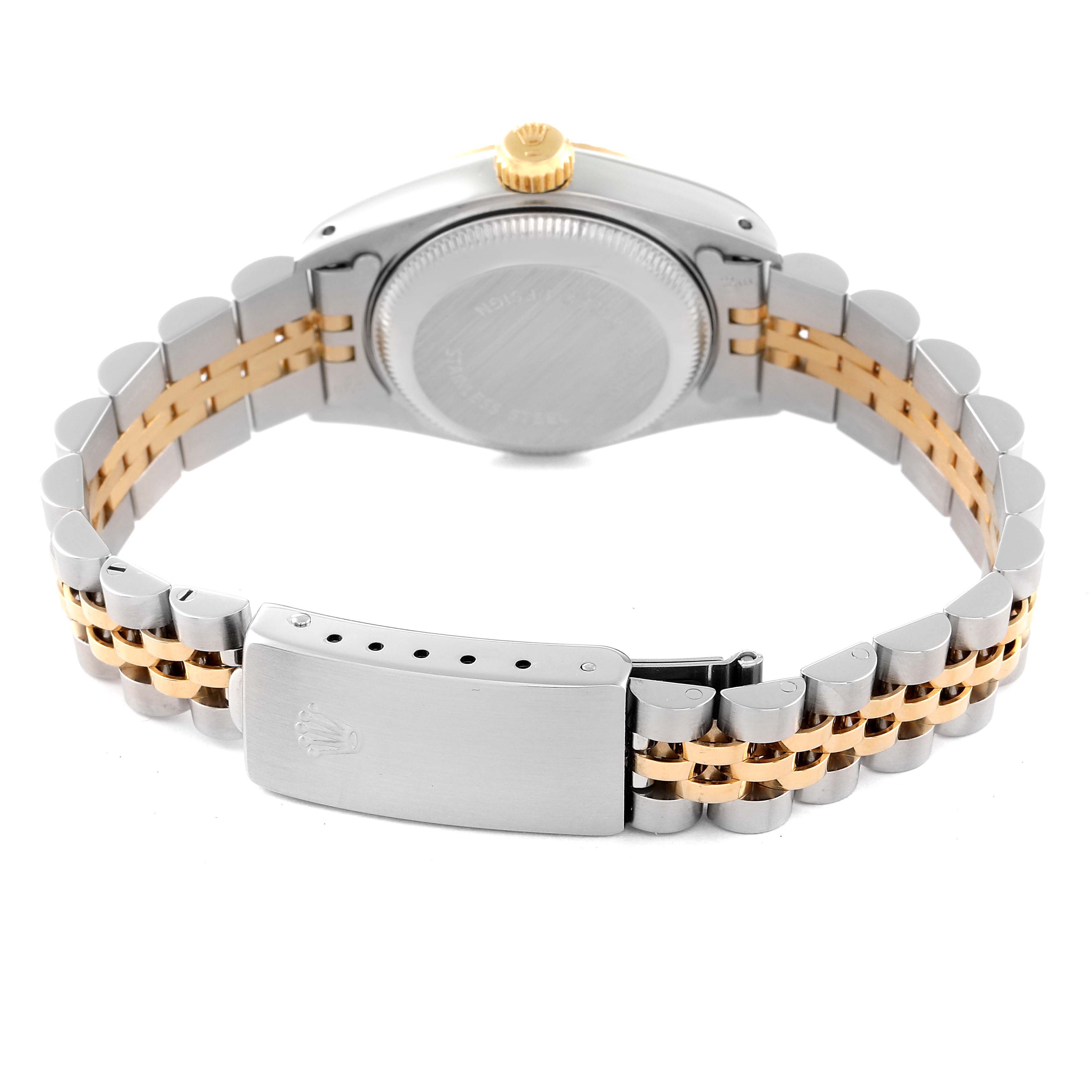 The image shows the back case and the two-tone bracelet clasp of a Rolex Datejust 69173 Women's Steel and Gold (two tone) White Dial 69173 Women's Steel and Gold (two tone) White Dial watch.