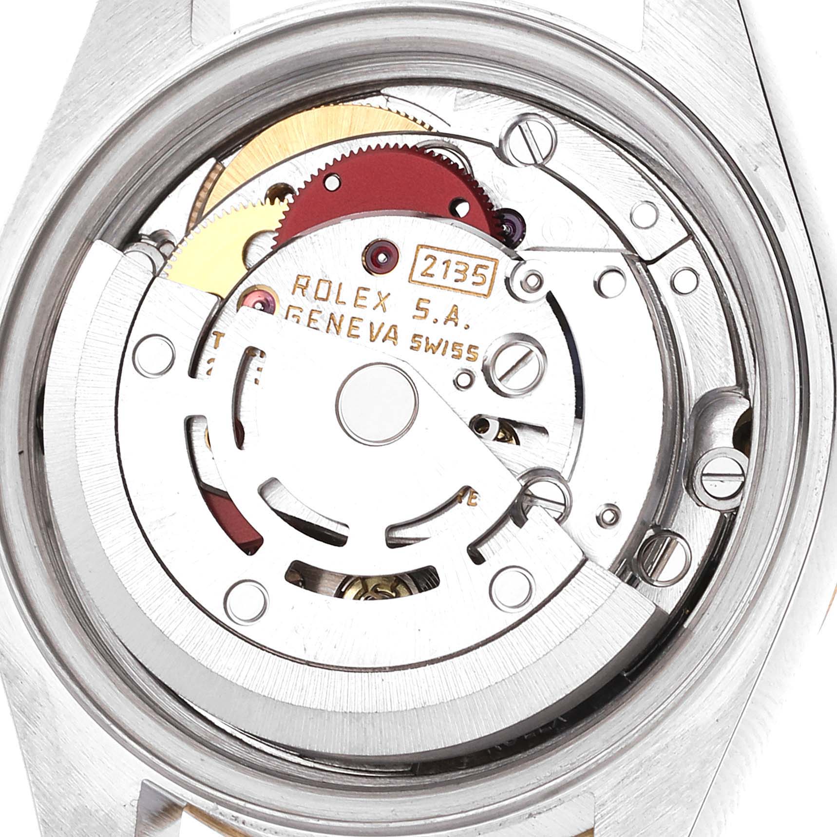 This close-up image shows the internal mechanism of a Rolex Datejust 69173 Women's Steel and Gold (two tone) White Dial 69173 Women's Steel and Gold (two tone) White Dial watch from the back.
