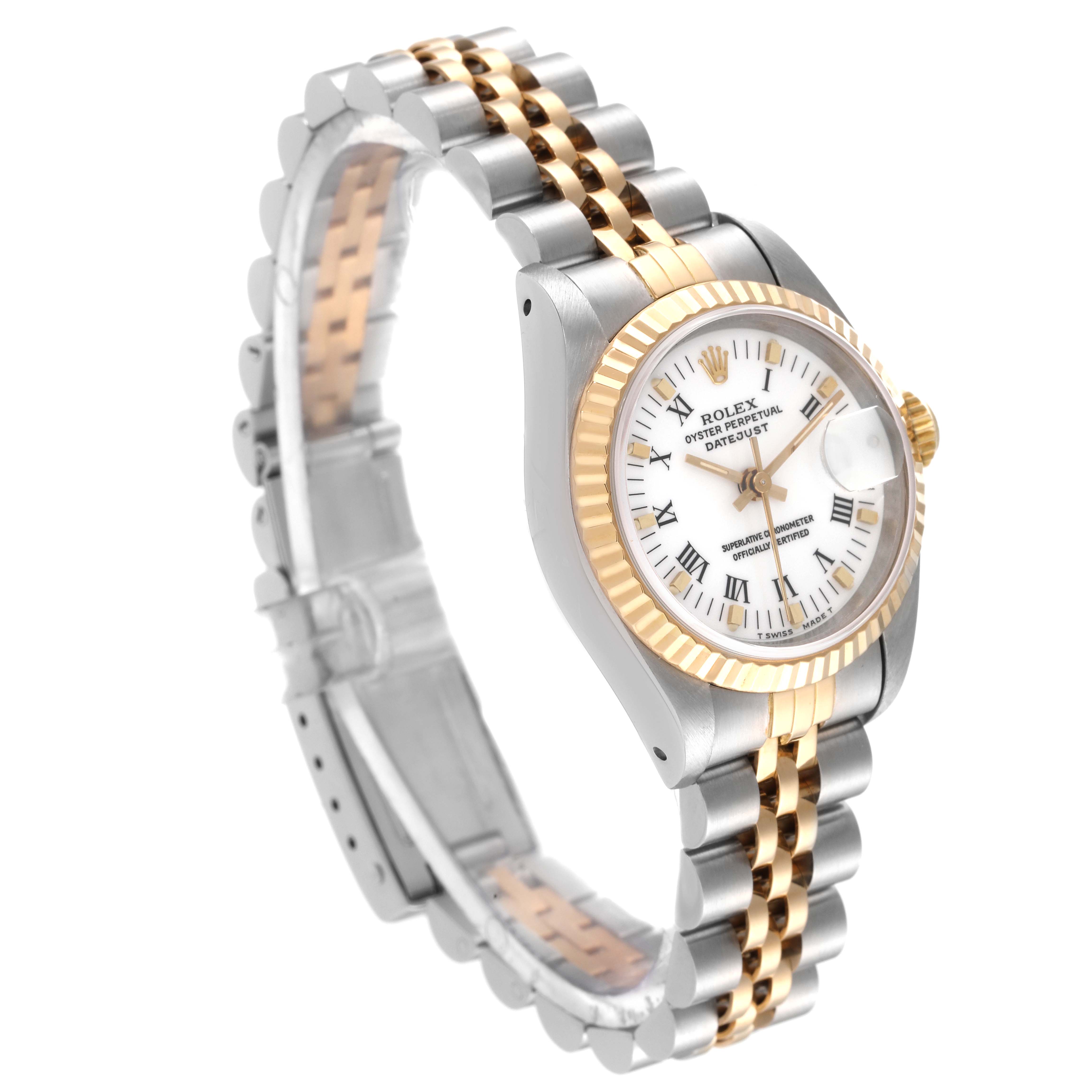 This image shows the Rolex Datejust 69173 Women's Steel and Gold (two tone) White Dial 69173 Women's Steel and Gold (two tone) White Dial watch from a three-quarter angle, highlighting the face, bezel, and two-tone bracelet.