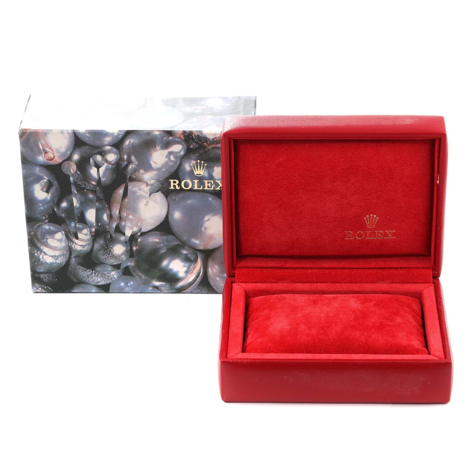 The image shows a red Rolex Datejust 69173 Women's Steel and Gold (two tone) White Dial 69173 Women's Steel and Gold (two tone) White Dial watch box and its outer packaging at a front angle.