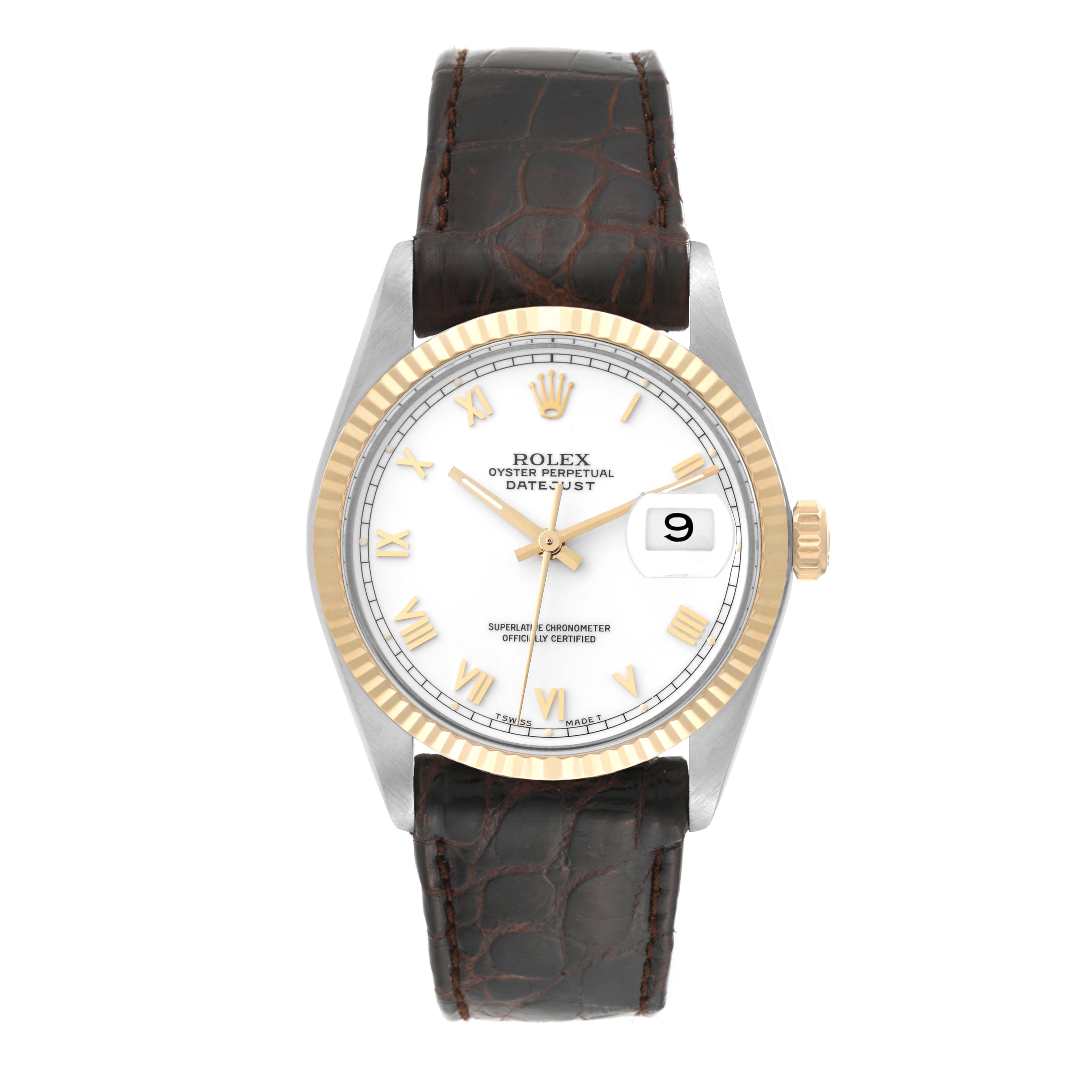 The image shows a front view of a Rolex Vintage Collection 16013 Men's Steel and Gold (two tone) White Dial 16013 Men's Steel and Gold (two tone) White Dial Oyster Perpetual Datejust watch with a leather strap.