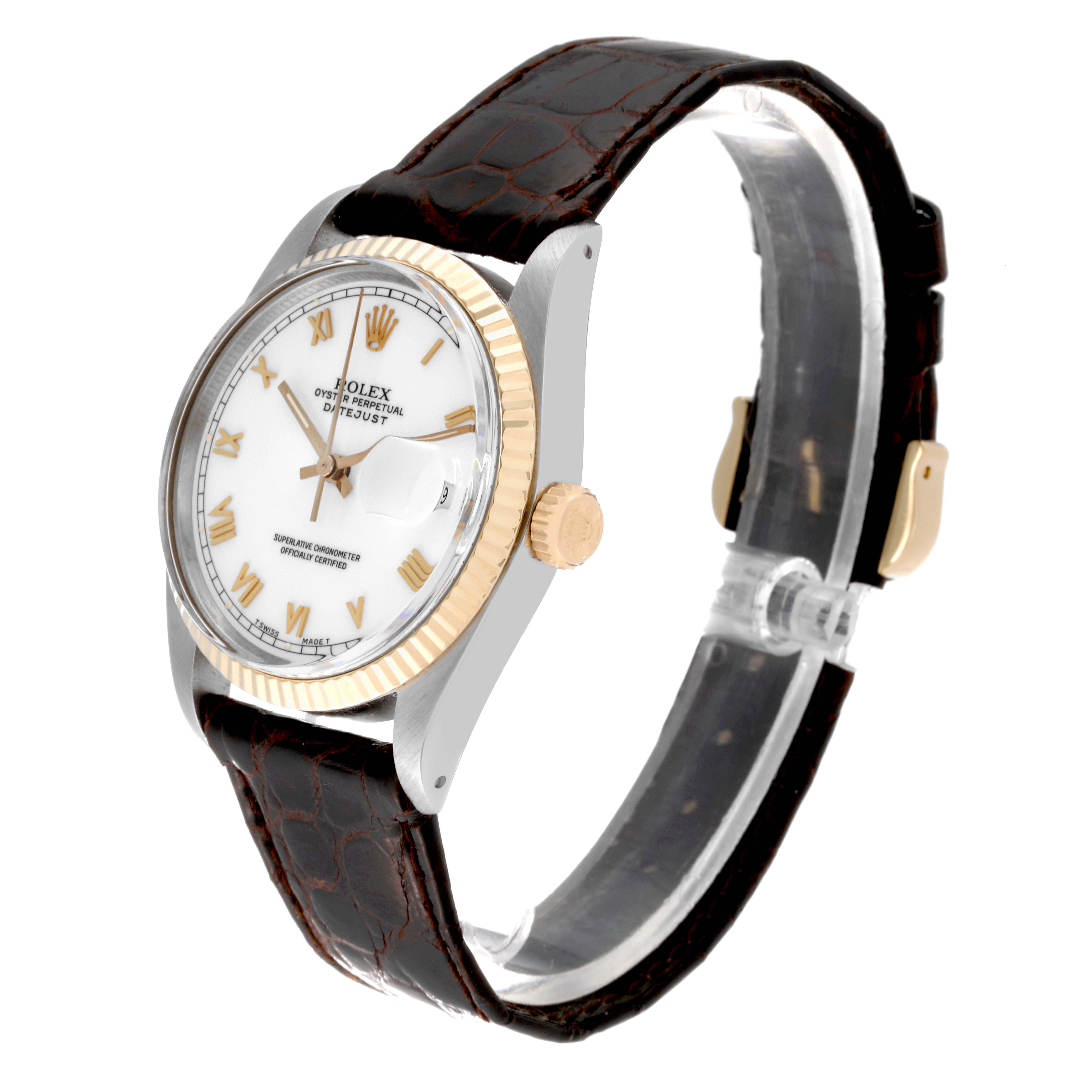 The Vintage Collection Rolex watch is shown from an angled view, highlighting its brown leather strap, white dial, and gold bezel.