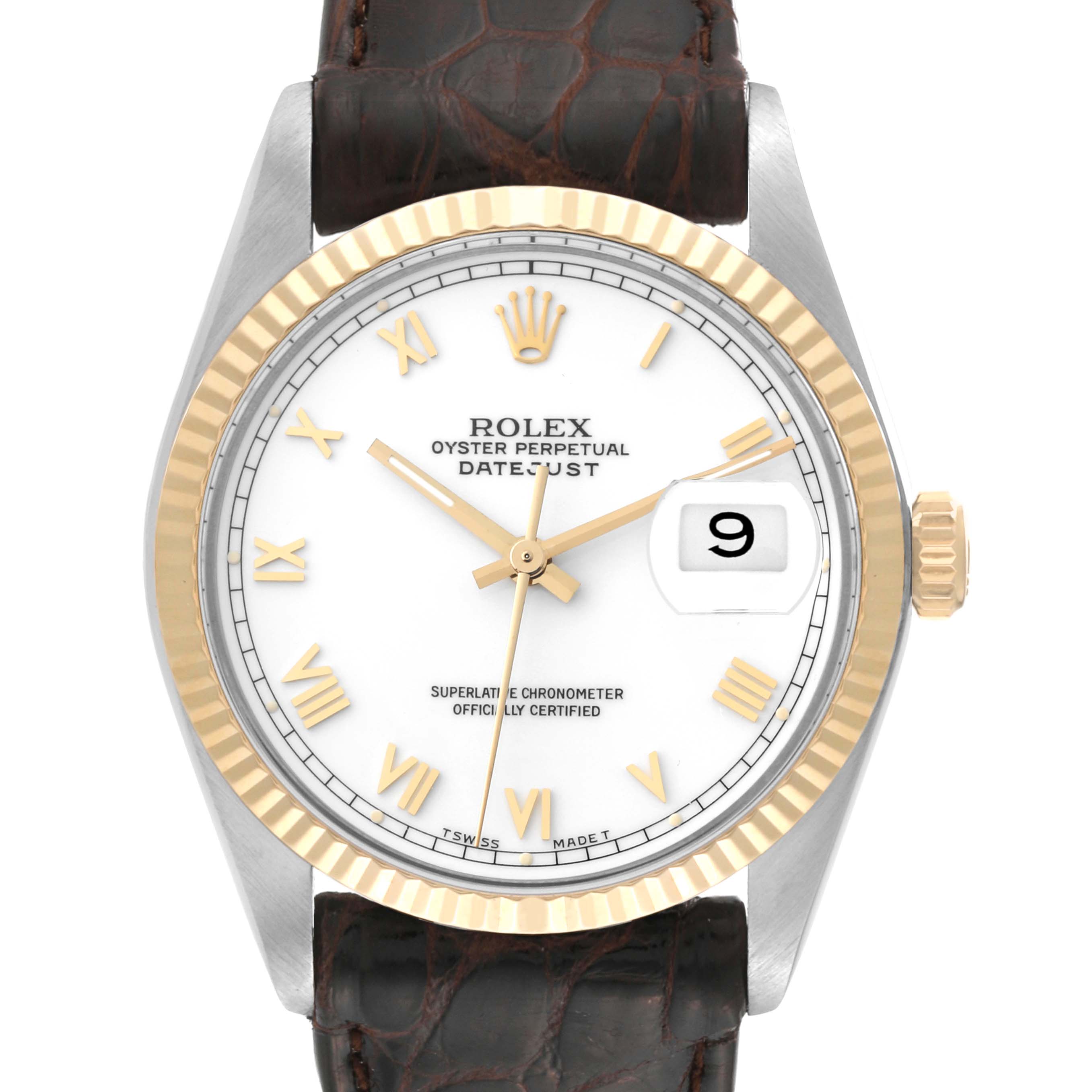 The Rolex Vintage Collection 16013 Men's Steel and Gold (two tone) White Dial 16013 Men's Steel and Gold (two tone) White Dial model watch is shown from a front angle, showcasing its dial, bezel, hands, date window, and leather strap.