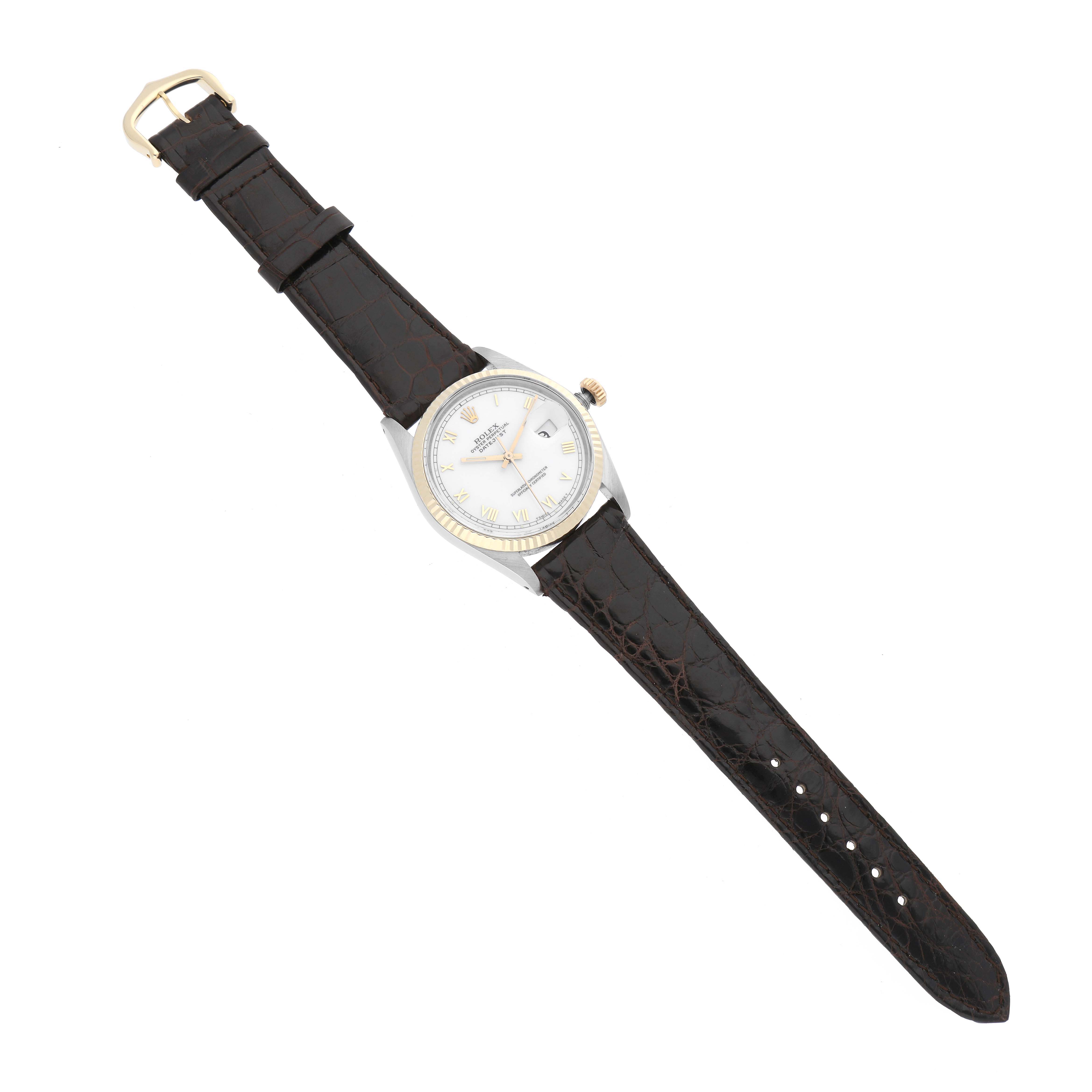 This image shows the front view of the Rolex Vintage Collection 16013 Men's Steel and Gold (two tone) White Dial 16013 Men's Steel and Gold (two tone) White Dial watch, including the dial, case, crown, and brown leather strap.