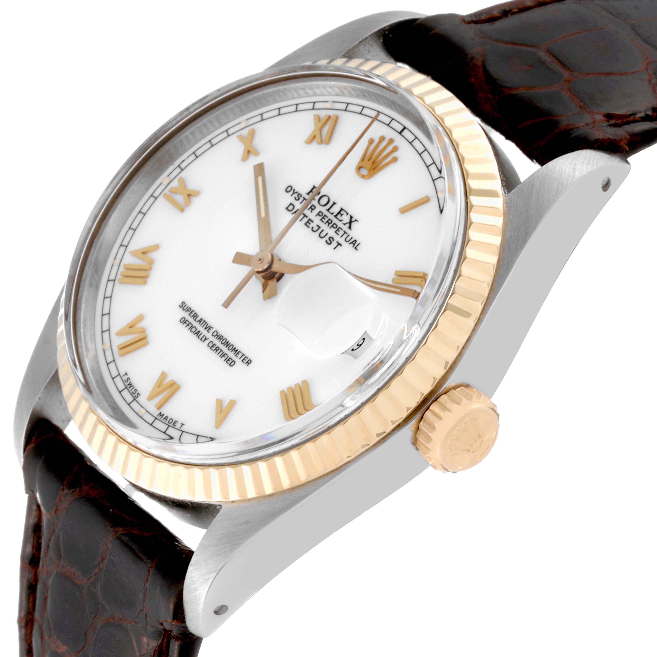 The image shows a side view of the Rolex Vintage Collection 16013 Men's Steel and Gold (two tone) White Dial 16013 Men's Steel and Gold (two tone) White Dial watch, featuring a white dial, gold Roman numerals, and a brown leather strap.