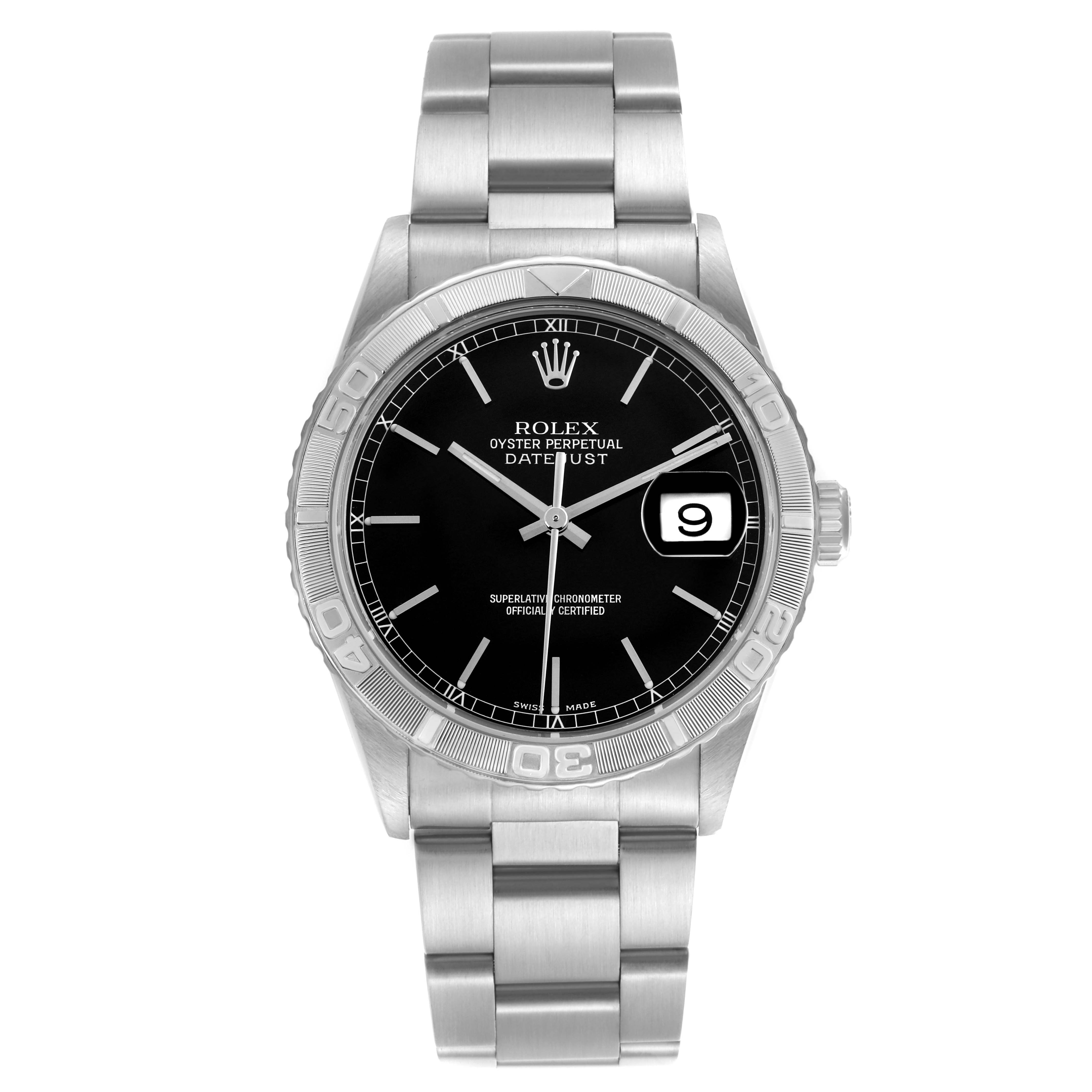The Rolex Turn-o-Graph 16264 Men's Stainless Steel Black Dial 16264 Men's Stainless Steel Black Dial watch is shown from a front angle, highlighting its bezel, dial, hands, and bracelet.