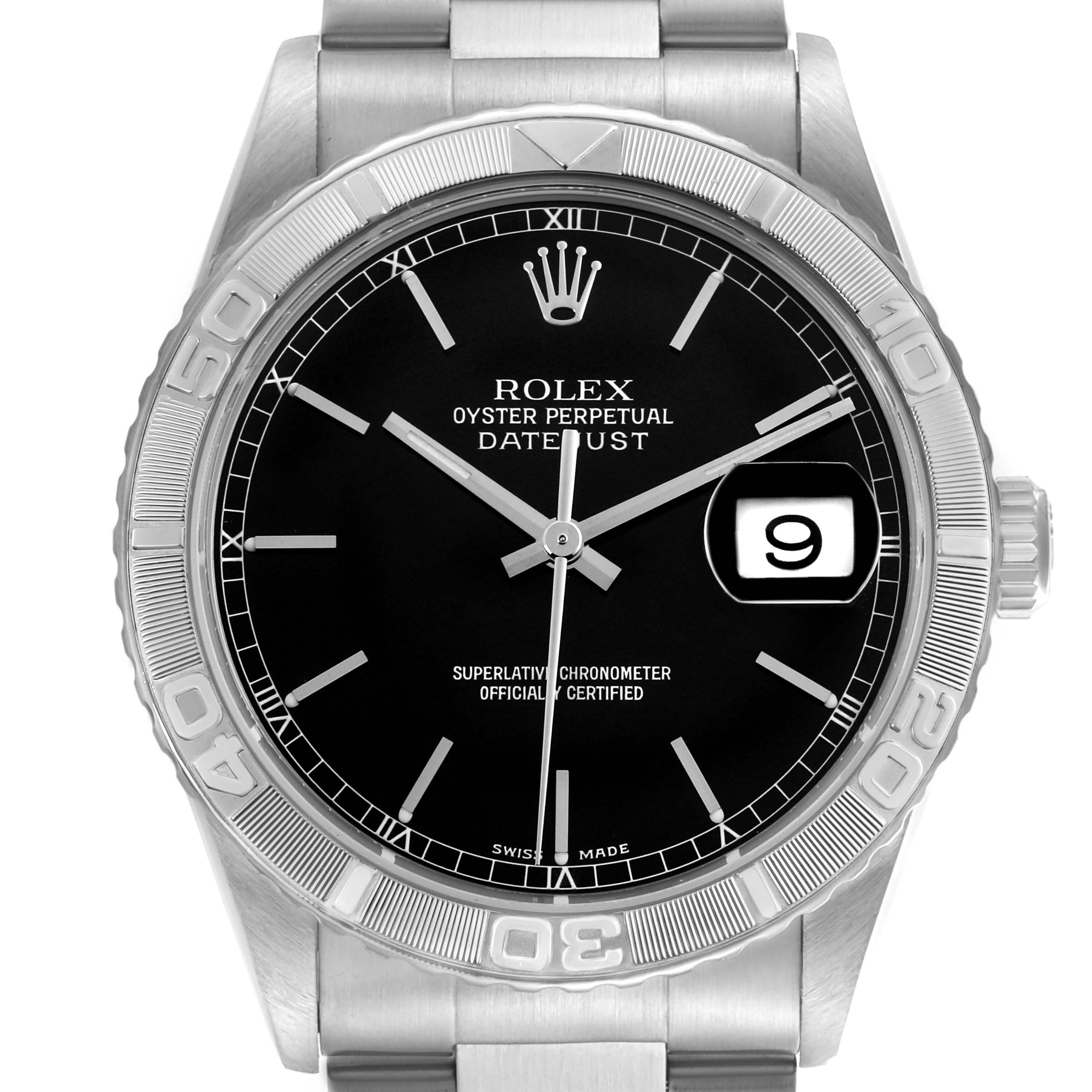 The Rolex Turn-o-Graph 16264 Men's Stainless Steel Black Dial 16264 Men's Stainless Steel Black Dial watch is shown from the front, highlighting its dial, bezel, and bracelet.