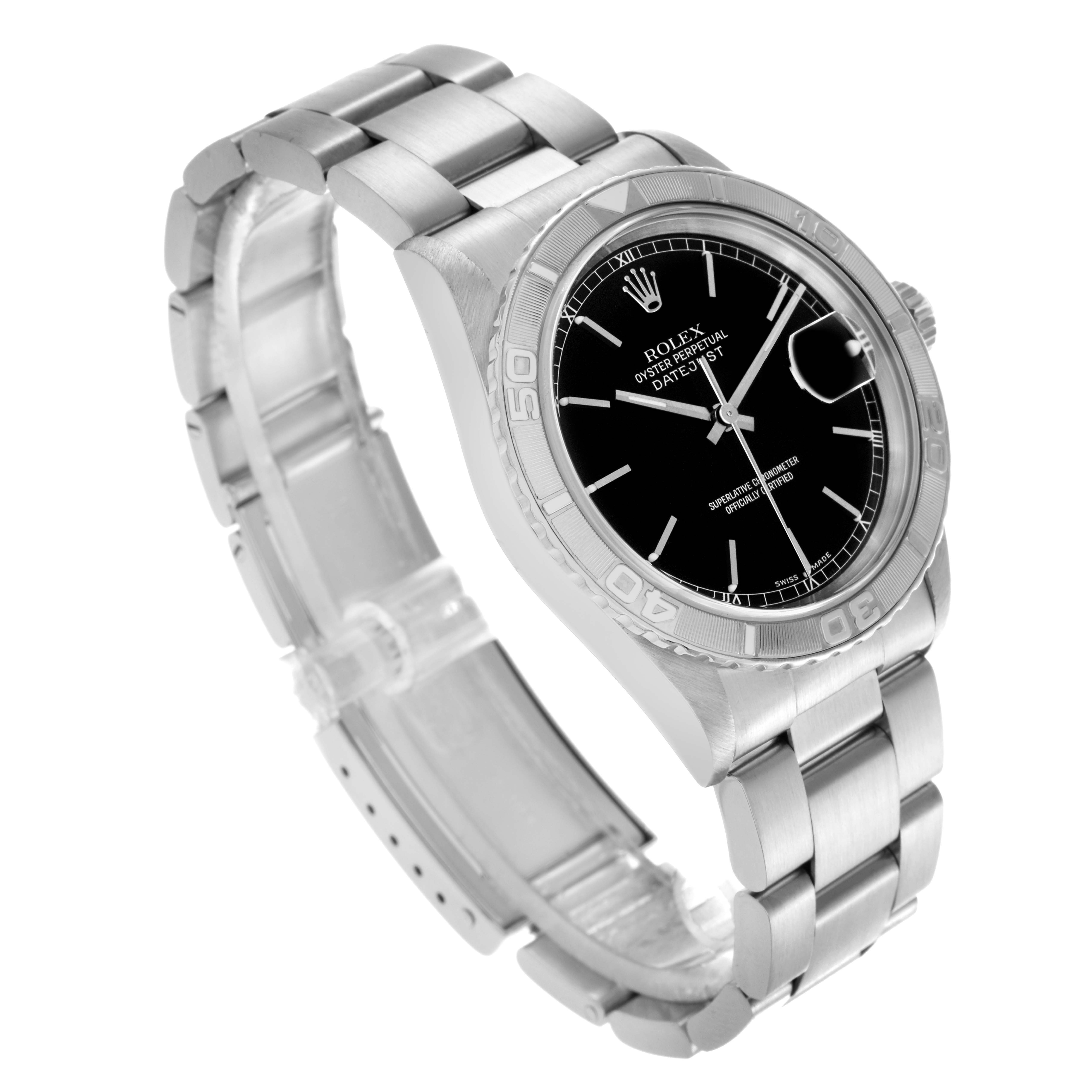 The Rolex Turn-o-Graph 16264 Men's Stainless Steel Black Dial 16264 Men's Stainless Steel Black Dial watch is shown at an oblique angle, displaying the face, bezel, and bracelet.