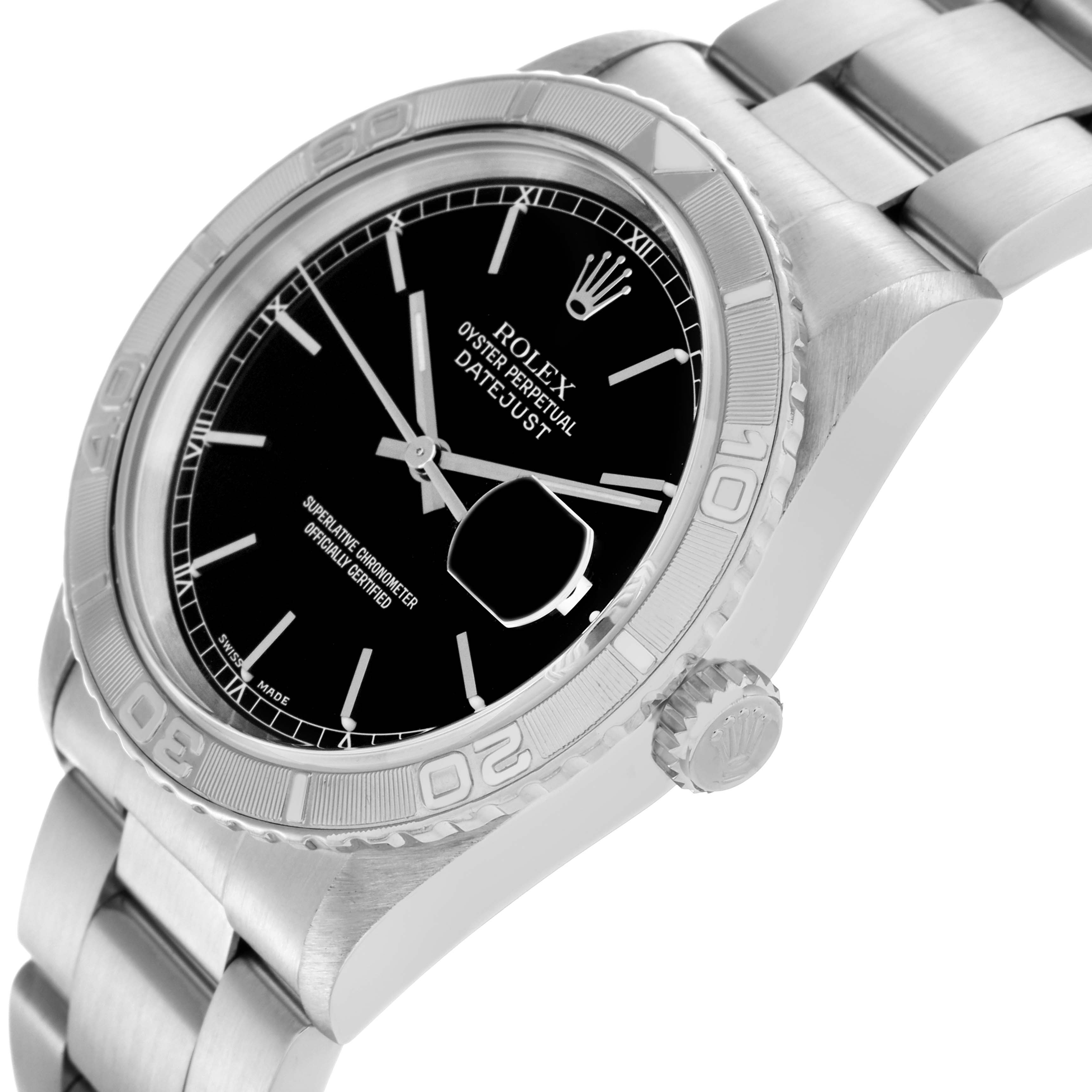 The Rolex Turn-o-Graph 16264 Men's Stainless Steel Black Dial 16264 Men's Stainless Steel Black Dial watch is shown at a three-quarter angle, highlighting the bezel, crown, and black dial with a silver bracelet.