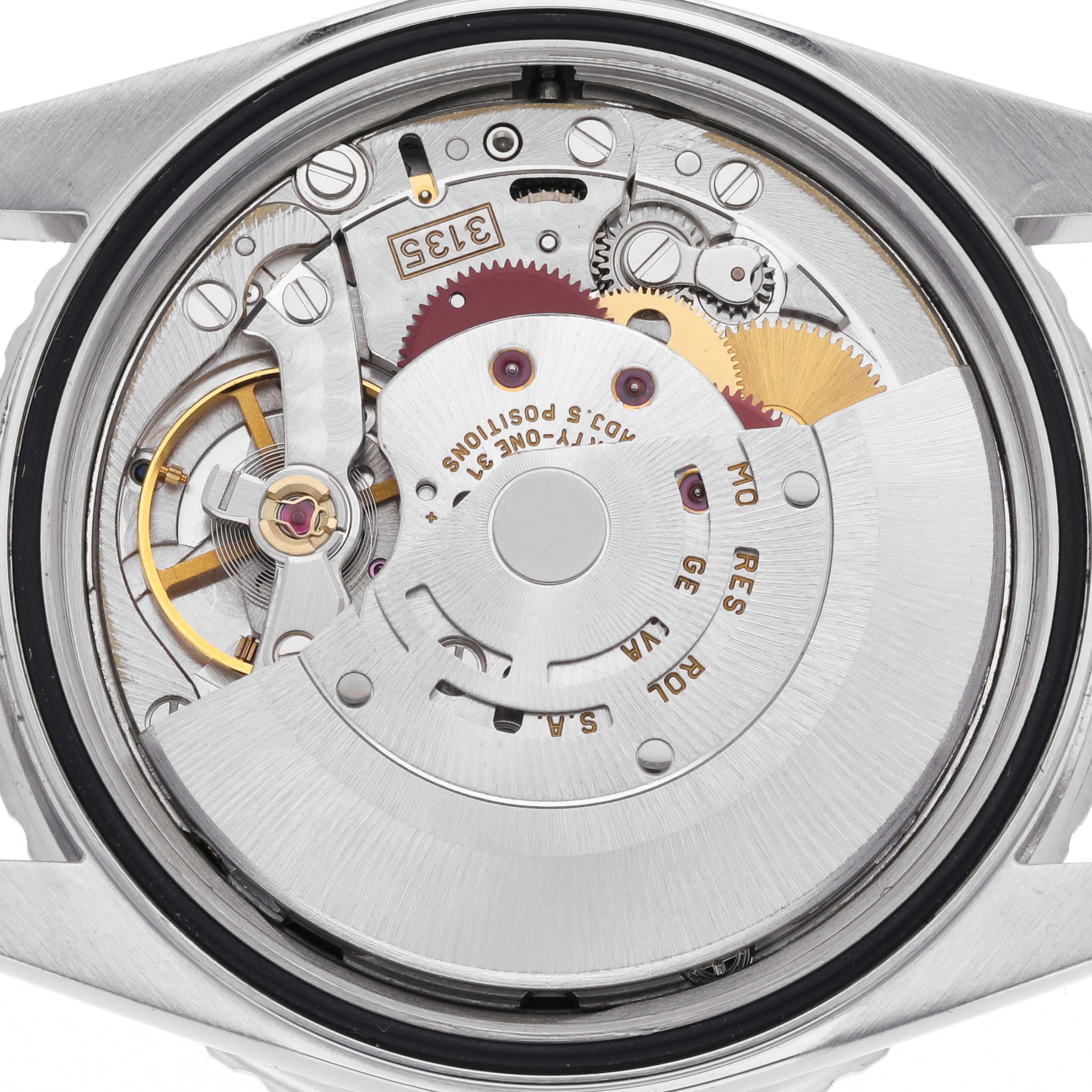 This image shows the movement of a Rolex Turn-o-Graph 16264 Men's Stainless Steel Black Dial 16264 Men's Stainless Steel Black Dial watch from a rear angle, displaying gears and rotor inside the case.
