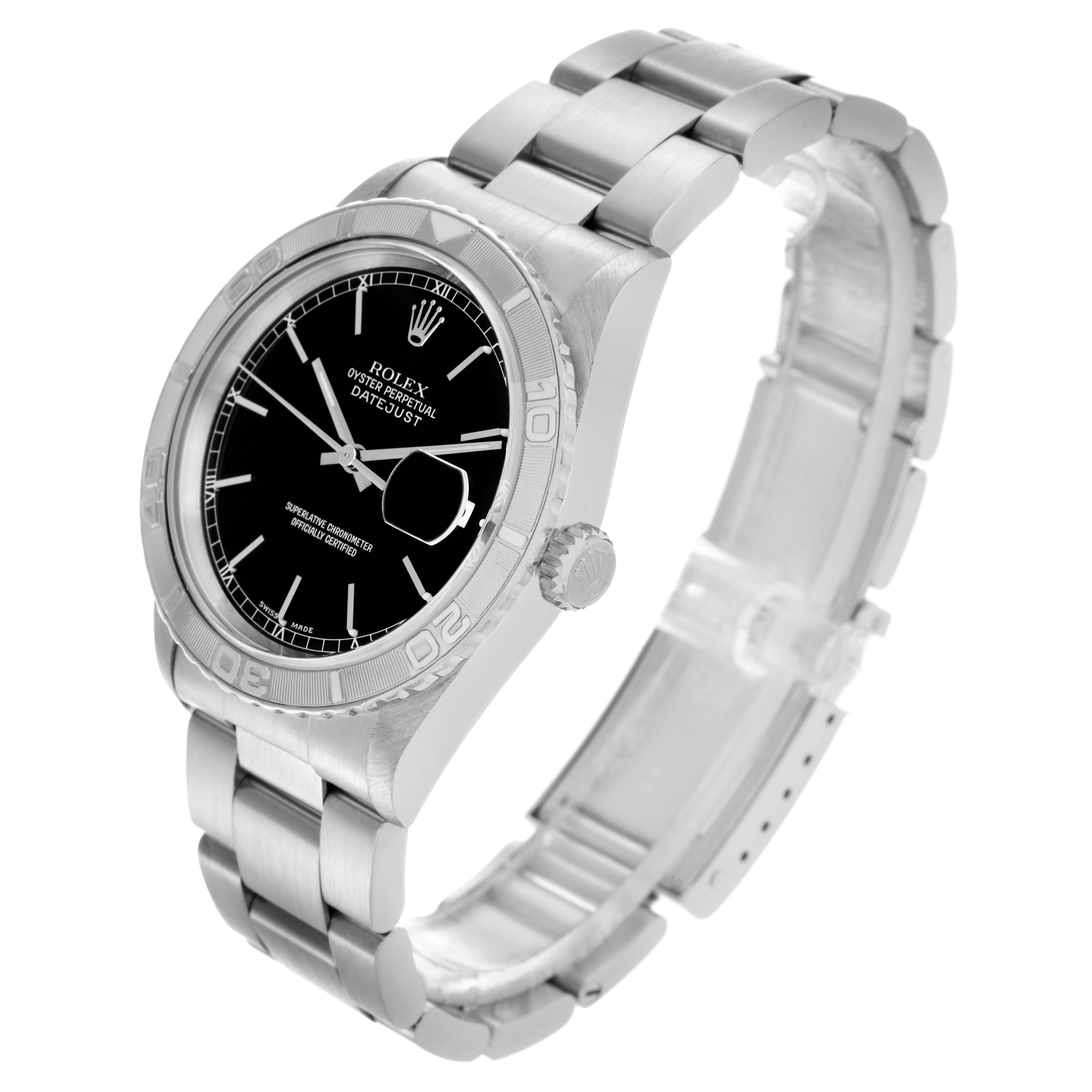 The Rolex Turn-o-Graph 16264 Men's Stainless Steel Black Dial 16264 Men's Stainless Steel Black Dial watch is shown at a slight angle, displaying the face, bezel, crown, and bracelet.