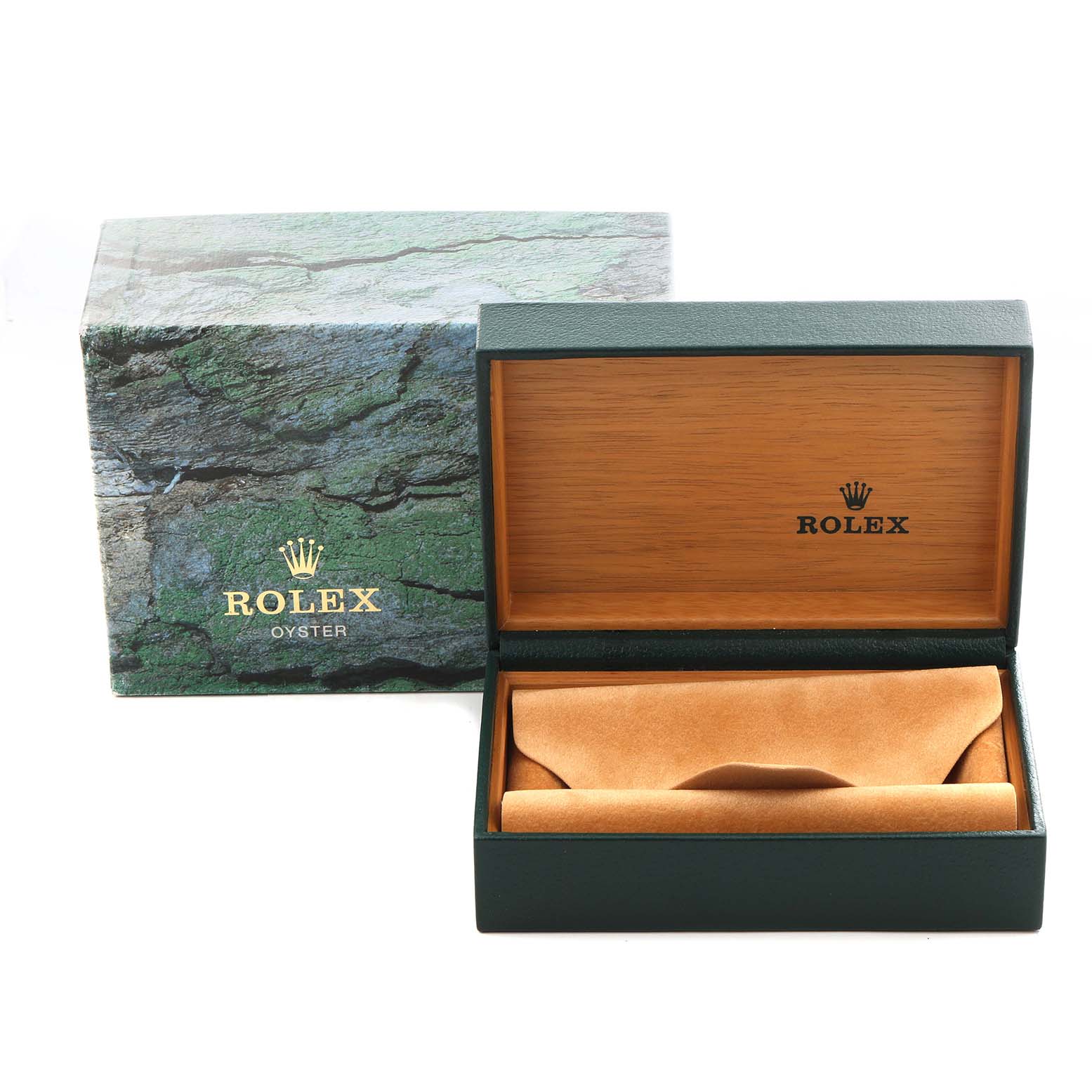 The image shows an open Rolex Turn-o-Graph 16264 Men's Stainless Steel Black Dial 16264 Men's Stainless Steel Black Dial box with a textured green exterior and a wooden interior.