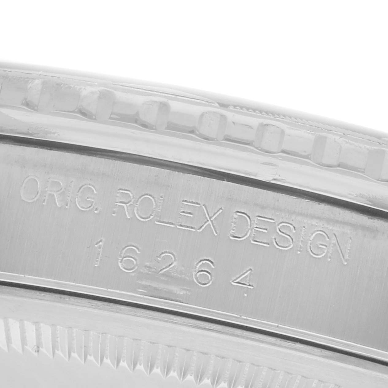 The image shows a close-up of the case side of the Rolex Turn-o-Graph 16264 Men's Stainless Steel Black Dial 16264 Men's Stainless Steel Black Dial, highlighting the serial and model engraving.