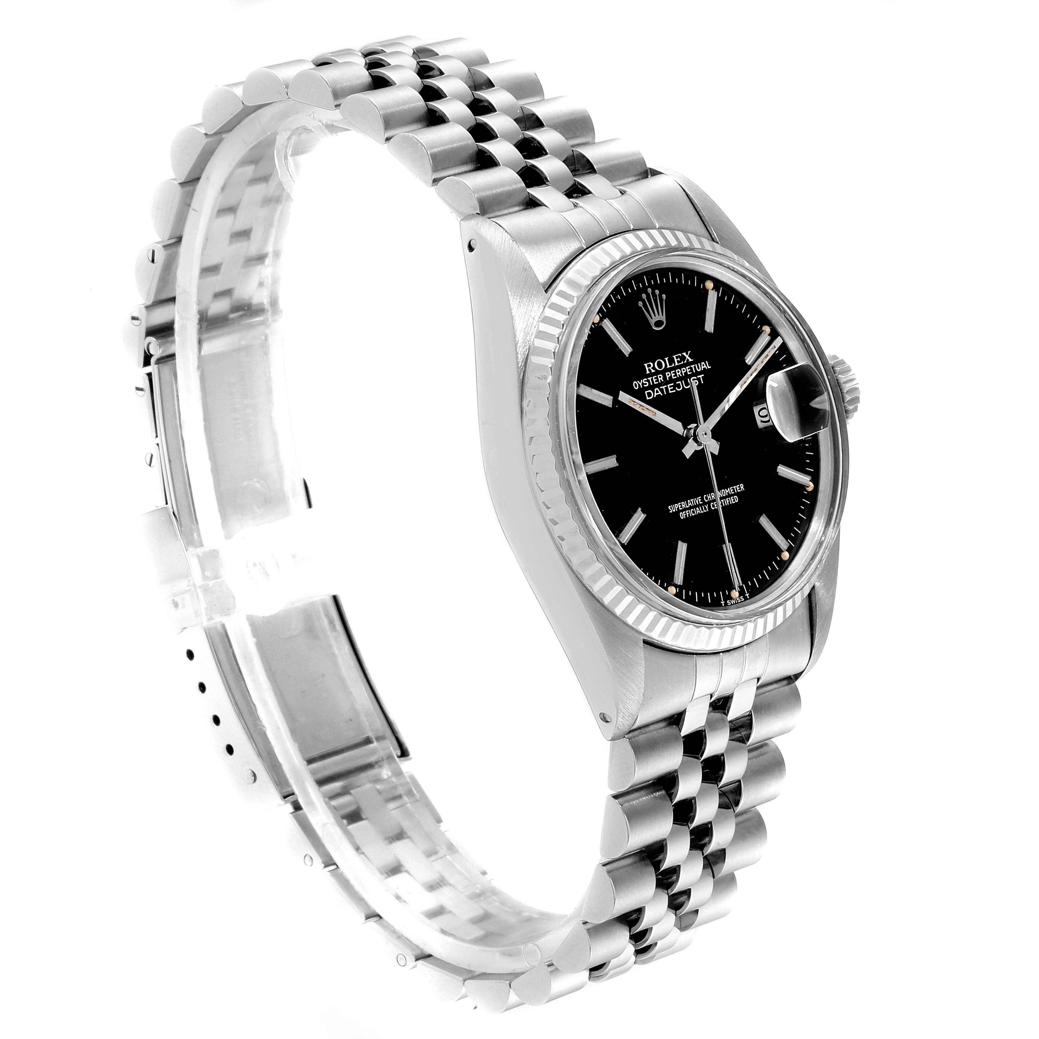 The Rolex Vintage Collection 16014 Men
s Stainless Steel Black Dial 16014 Men
s Stainless Steel Black Dial watch is shown at a side angle, displaying the bracelet, bezel, crown, and dial.