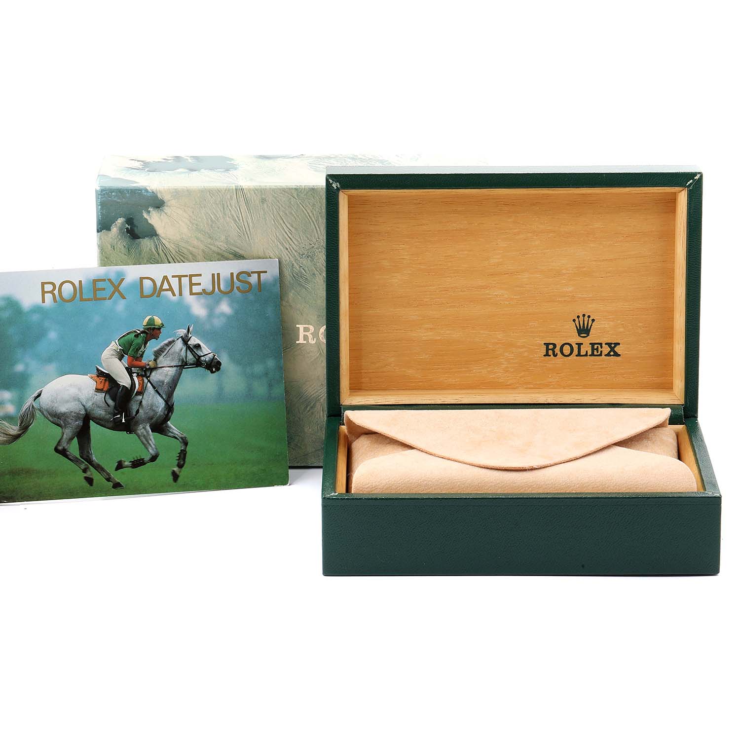 The image shows the packaging for a Rolex Vintage Collection 16014 Men
s Stainless Steel Black Dial 16014 Men
s Stainless Steel Black Dial watch, including a green box, an open display case, and a Rolex Datejust booklet.