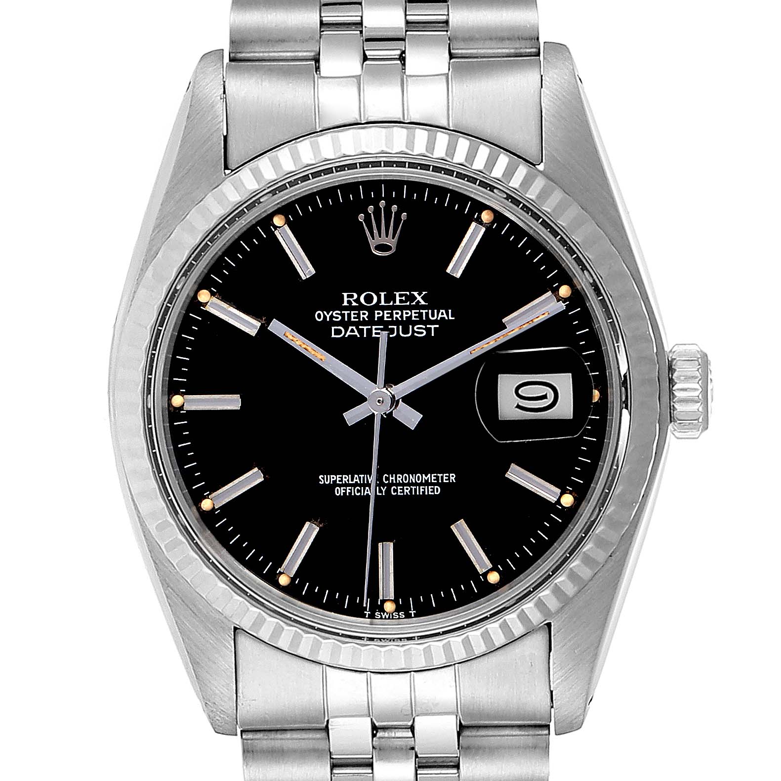 This image features a front view of a Rolex Vintage Collection 16014 Men
s Stainless Steel Black Dial 16014 Men
s Stainless Steel Black Dial Datejust watch, showcasing its black dial, stainless steel bracelet, and date window.