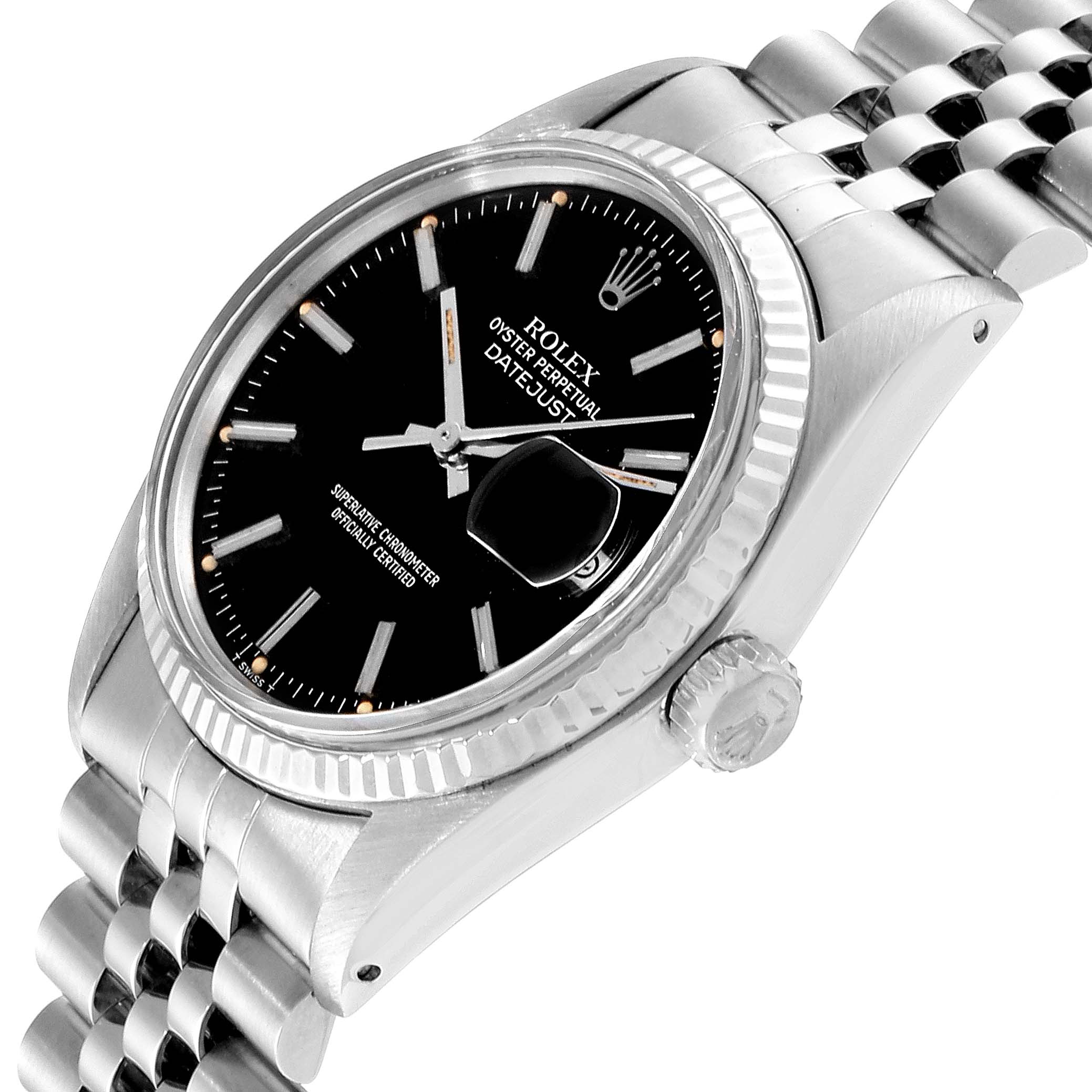 The Rolex Vintage Collection 16014 Men
s Stainless Steel Black Dial 16014 Men
s Stainless Steel Black Dial watch is shown from a front angle, displaying the black dial, bezel, crown, and partial bracelet.
