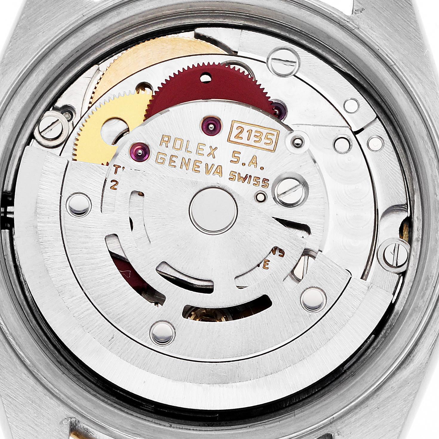 The image shows the movement mechanism of a Rolex Datejust 69173 Women's Steel and Gold (two tone) White Dial 69173 Women's Steel and Gold (two tone) White Dial watch from a top-down angle.