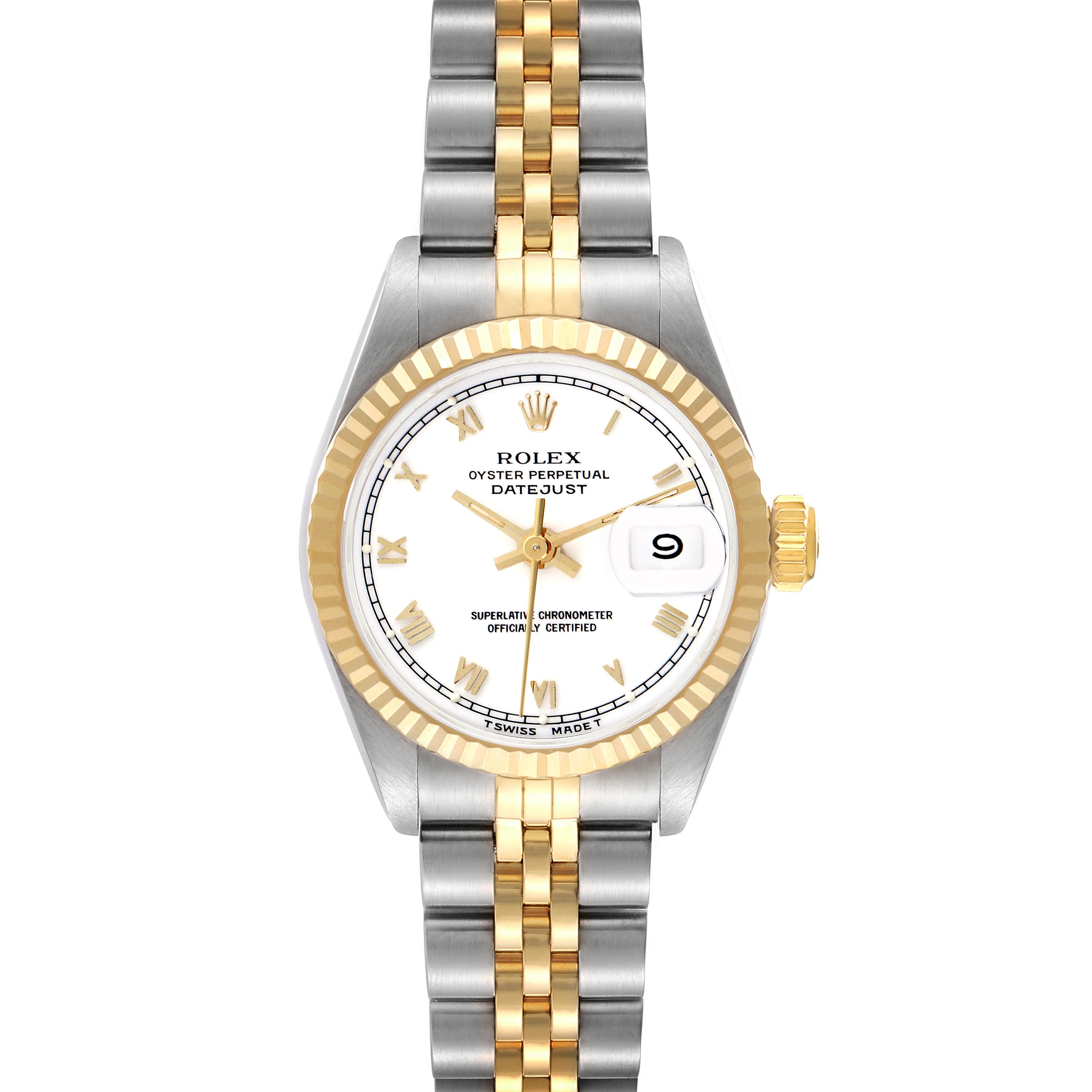 The Rolex Datejust 69173 Women's Steel and Gold (two tone) White Dial 69173 Women's Steel and Gold (two tone) White Dial watch is shown from a front angle, highlighting the dial, bracelet, and fluted bezel.