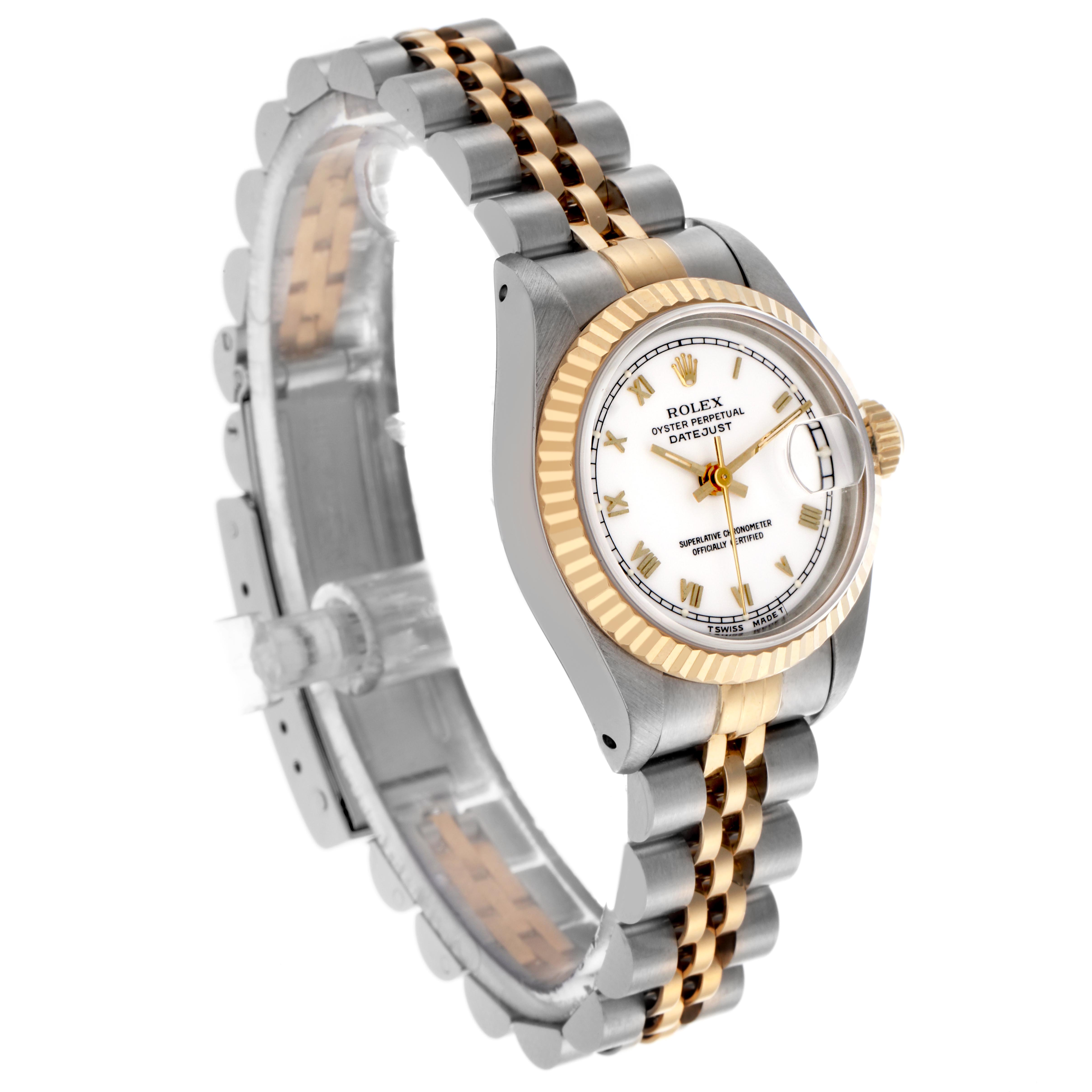 The Rolex Datejust 69173 Women's Steel and Gold (two tone) White Dial 69173 Women's Steel and Gold (two tone) White Dial watch is shown at a slight angle, highlighting its two-tone bracelet and fluted bezel.